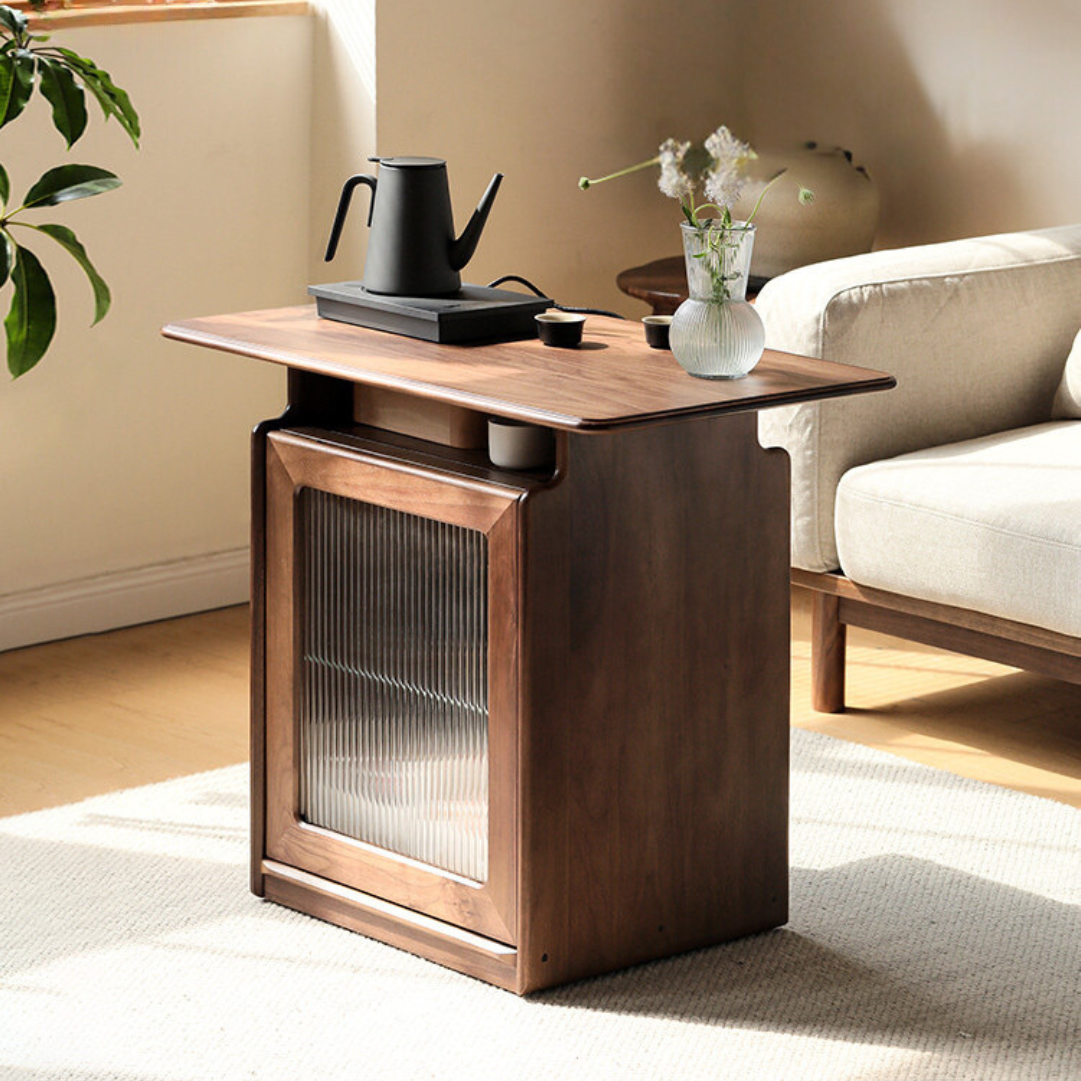 Ash, Black Walnut Solid Wood Mobile Coffee Cabinet