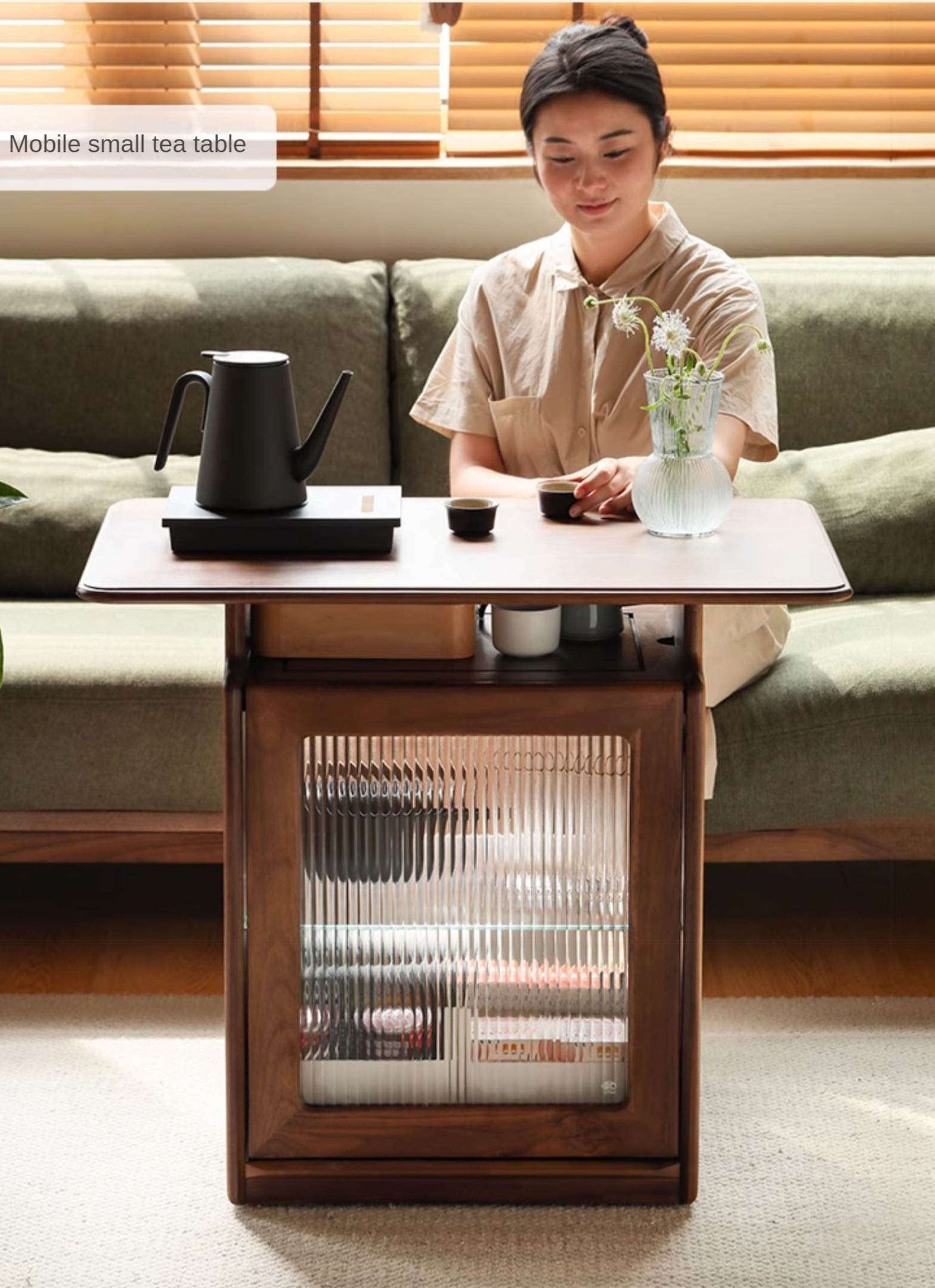 Ash, Black Walnut Solid Wood Mobile Coffee Cabinet