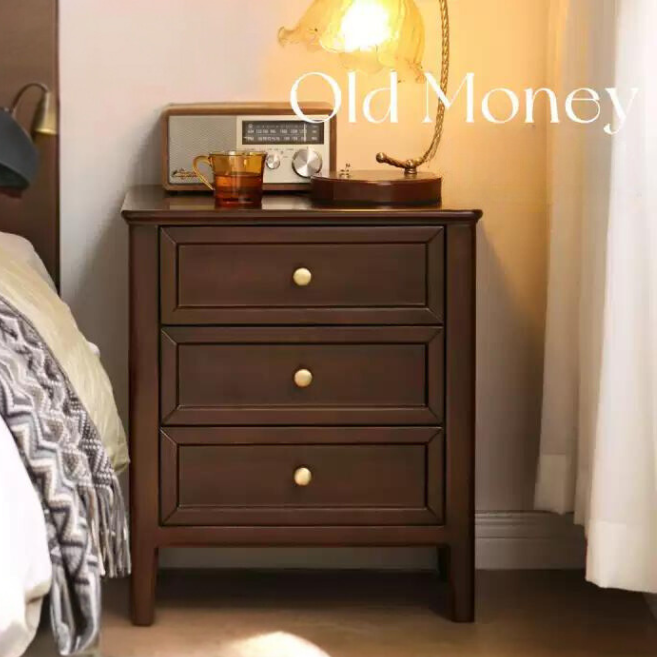 Black Walnut, Poplar Solid Wood Retro Three-Drawer Nightstand