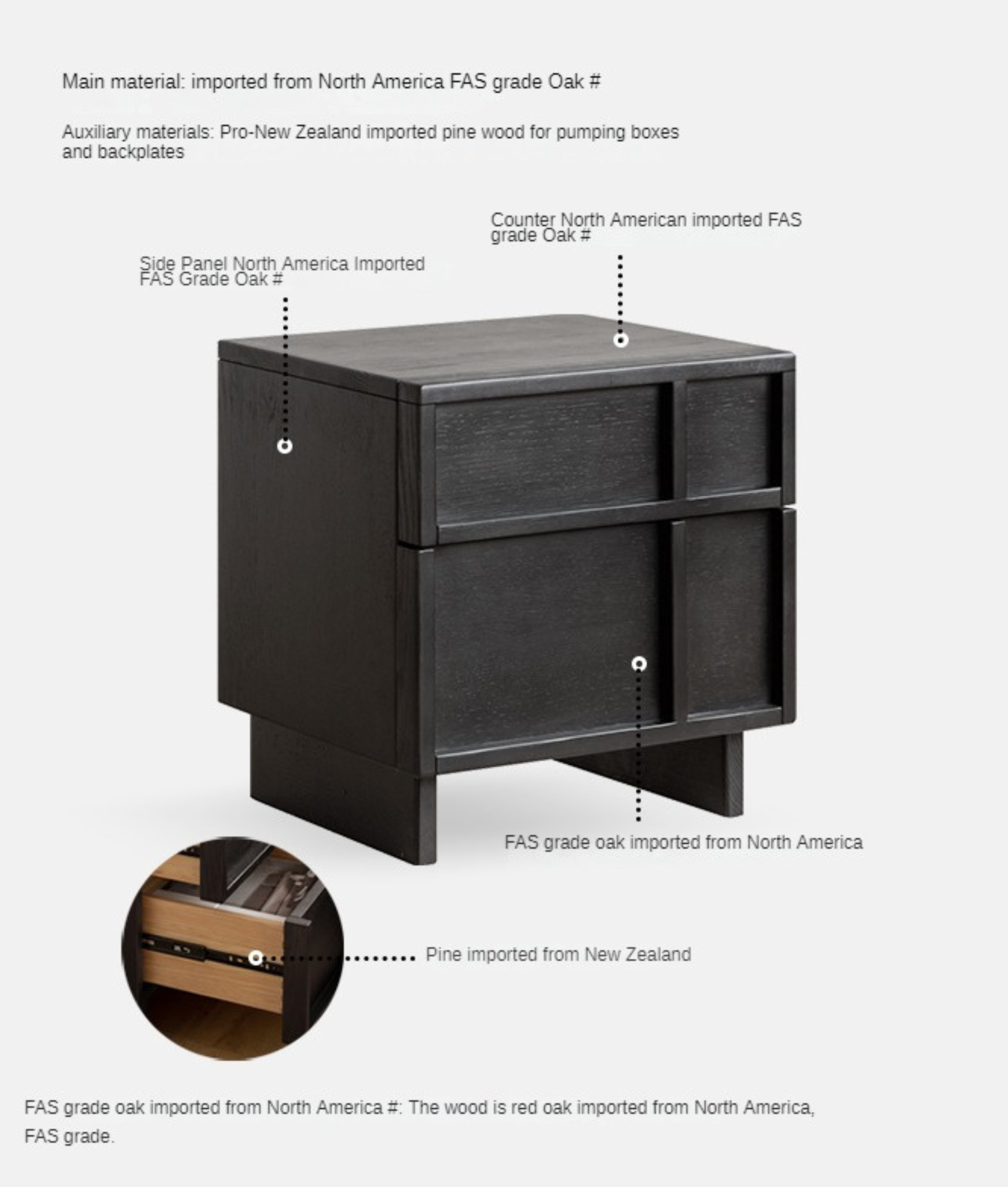 Oak Solid Wood Modern Black Storage Nightstand