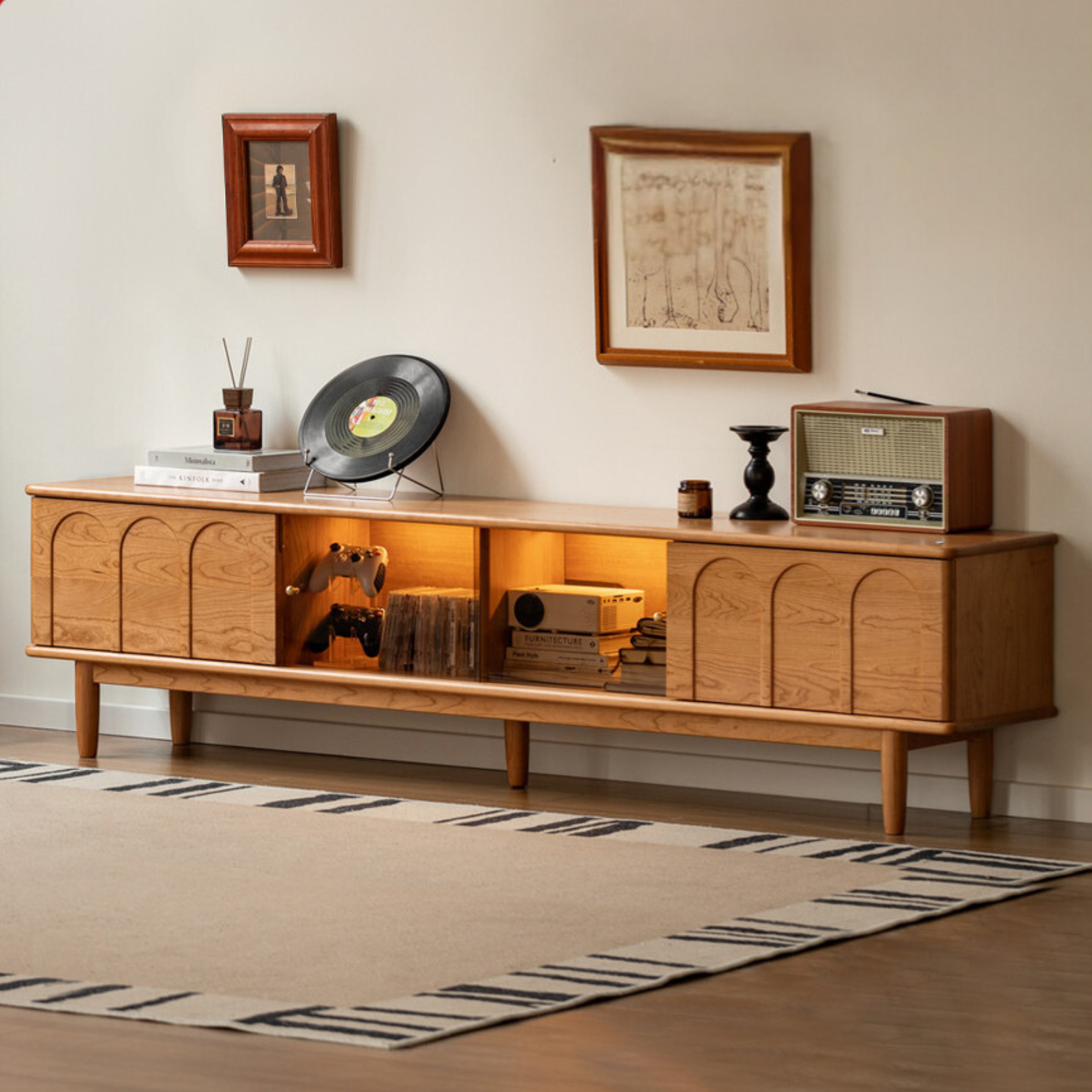 Solid Wood TV Cabinet Cherry Wood French Retro Style Storage Cabinet Living Room Home used TV Cabinet 86.6x13.7x19.6 inch 220x35x50cm Cherry Color