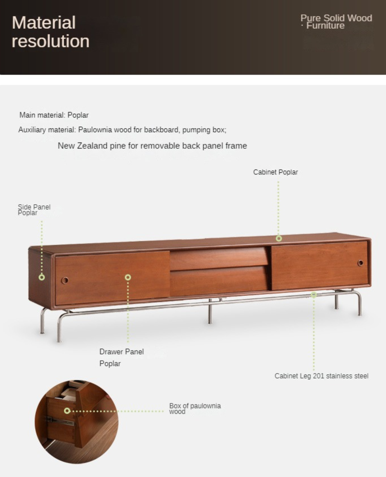 Poplar Solid Wood Retro Floor TV Cabinet.