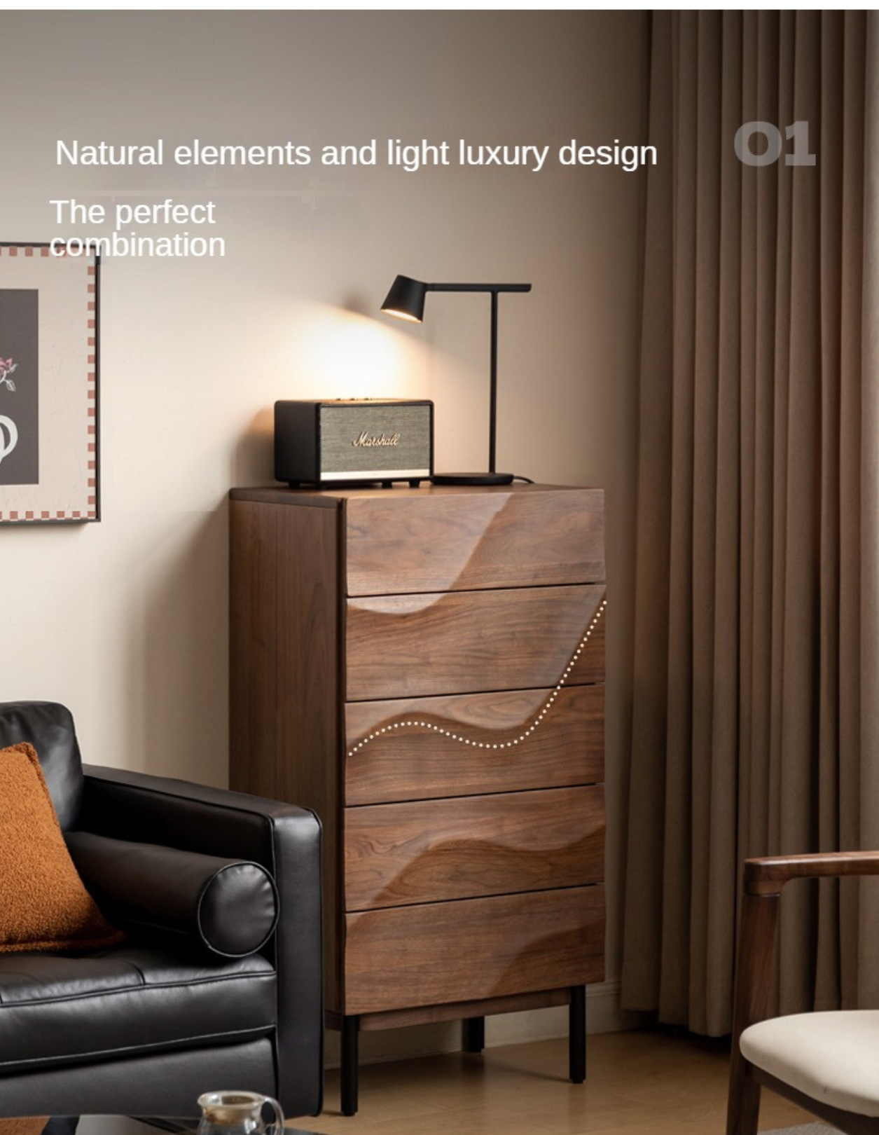 Black Walnut Solid Wood Wave Side Cabinet.