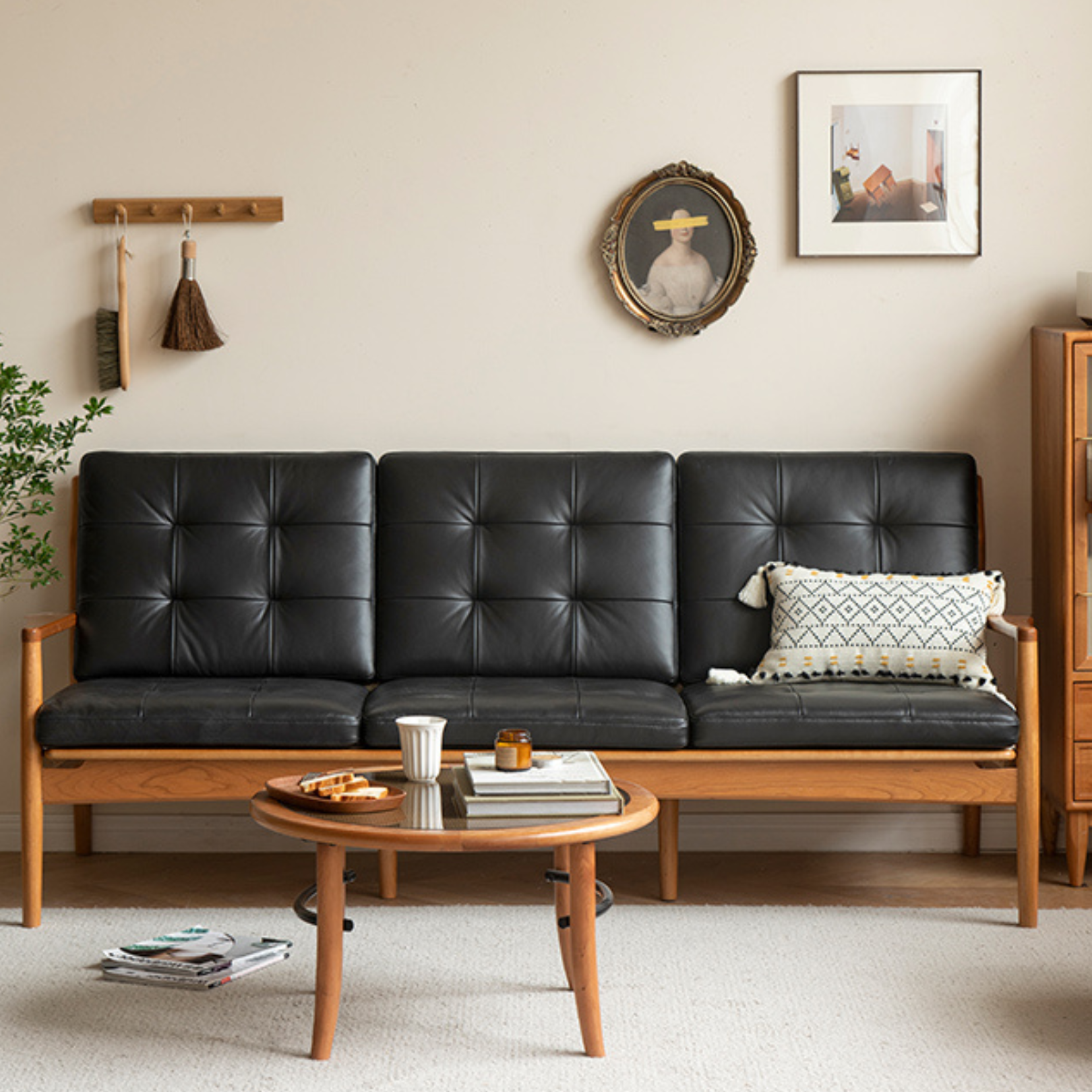 Oak Solid Wood Rattan Vintage Dual-purpose Sofa.