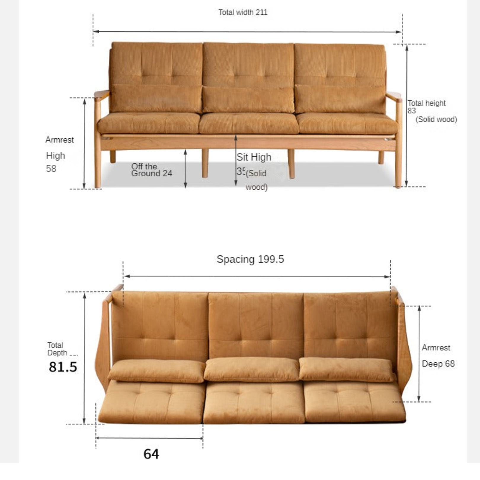 Oak Solid Wood Rattan Vintage Dual-purpose Sofa.