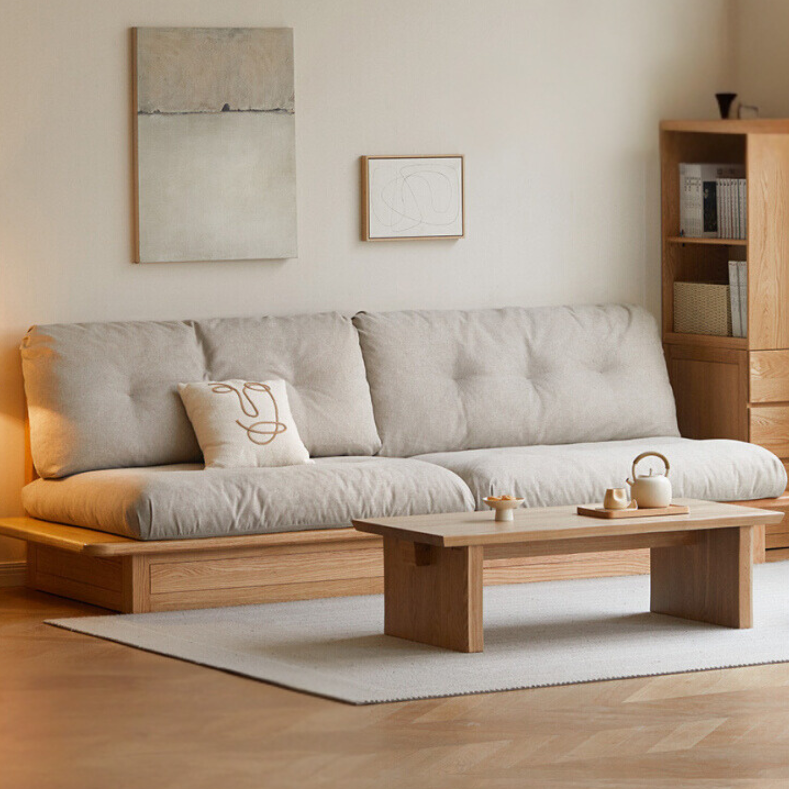 Oak Solid Wood Gravel White Cotton Linen Storage dual-use Sofa
