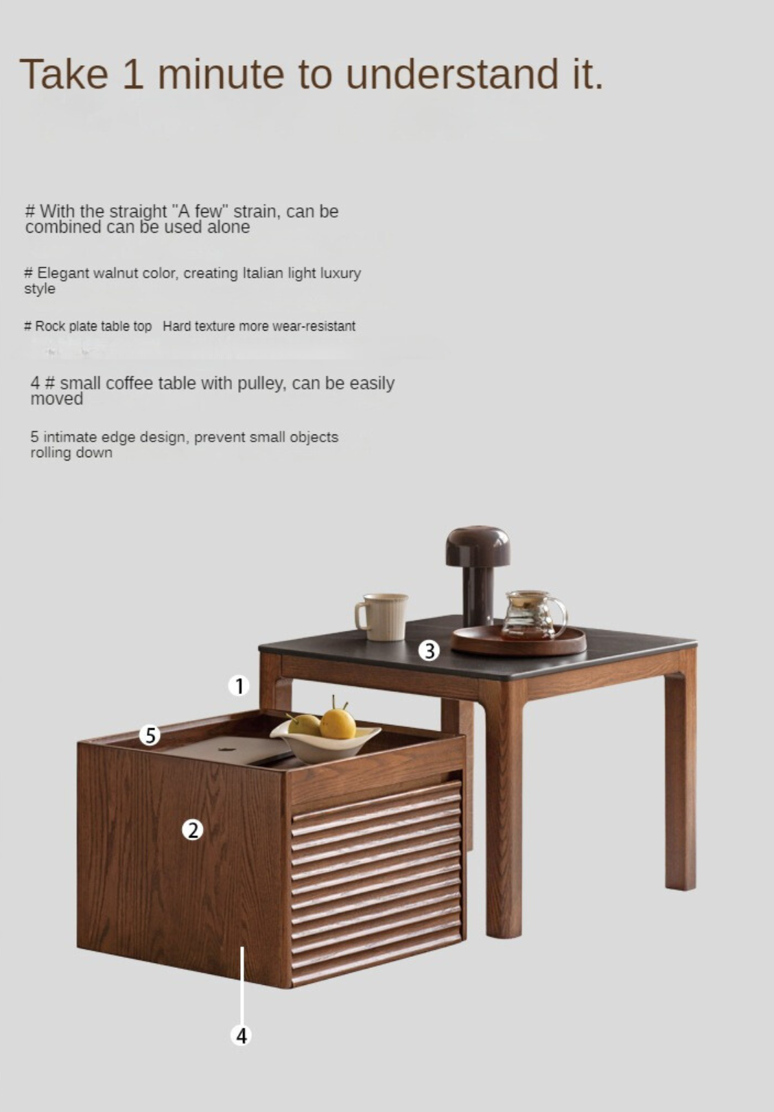 Oak, Black Walnut Solid Wood Movable Rock Plate Coffee Table