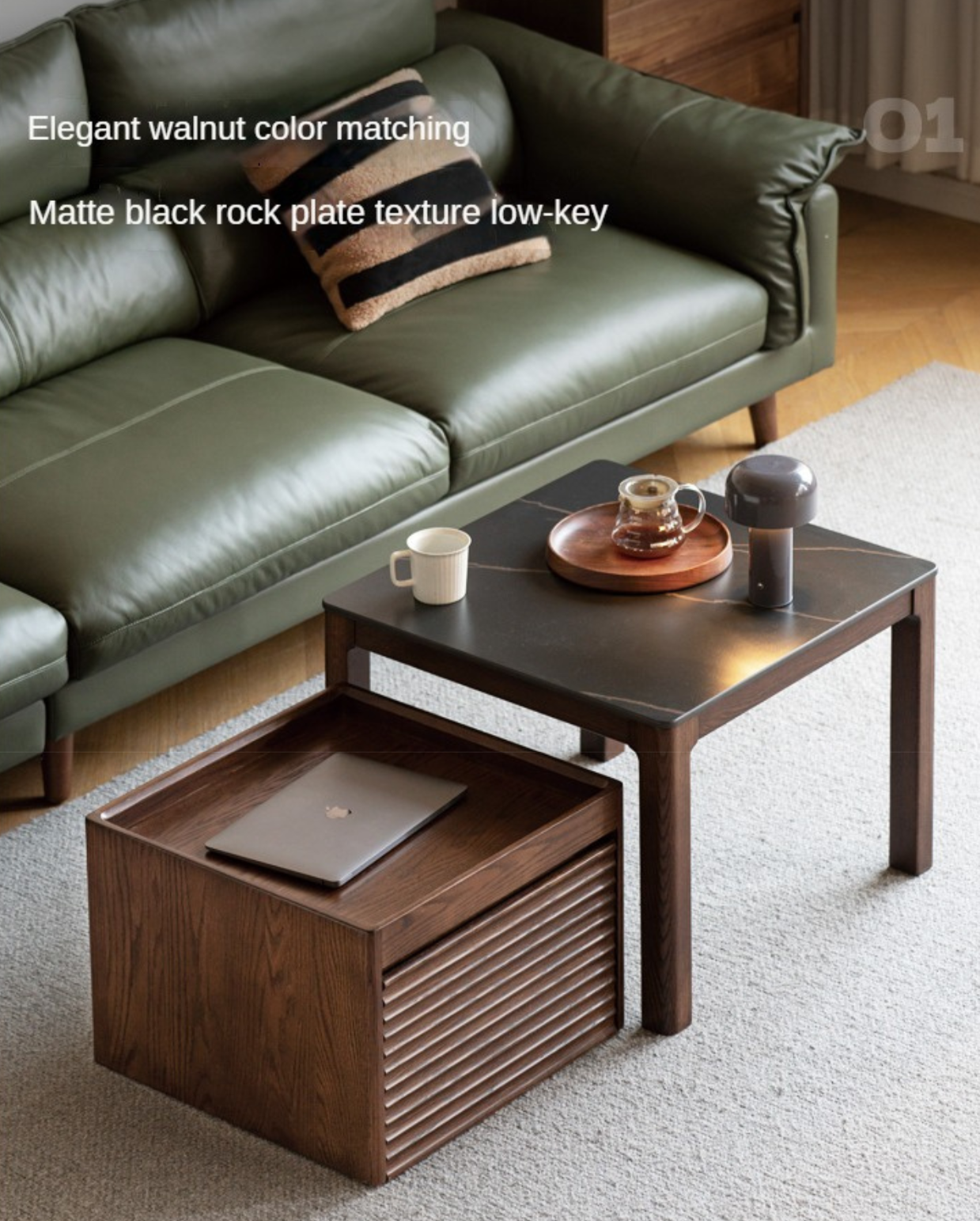 Oak, Black Walnut Solid Wood Movable Rock Plate Coffee Table