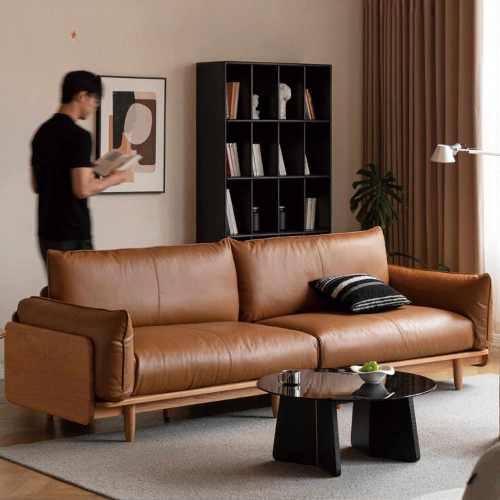 Cherry Wood Sofa Genuine Leather, Fabric-