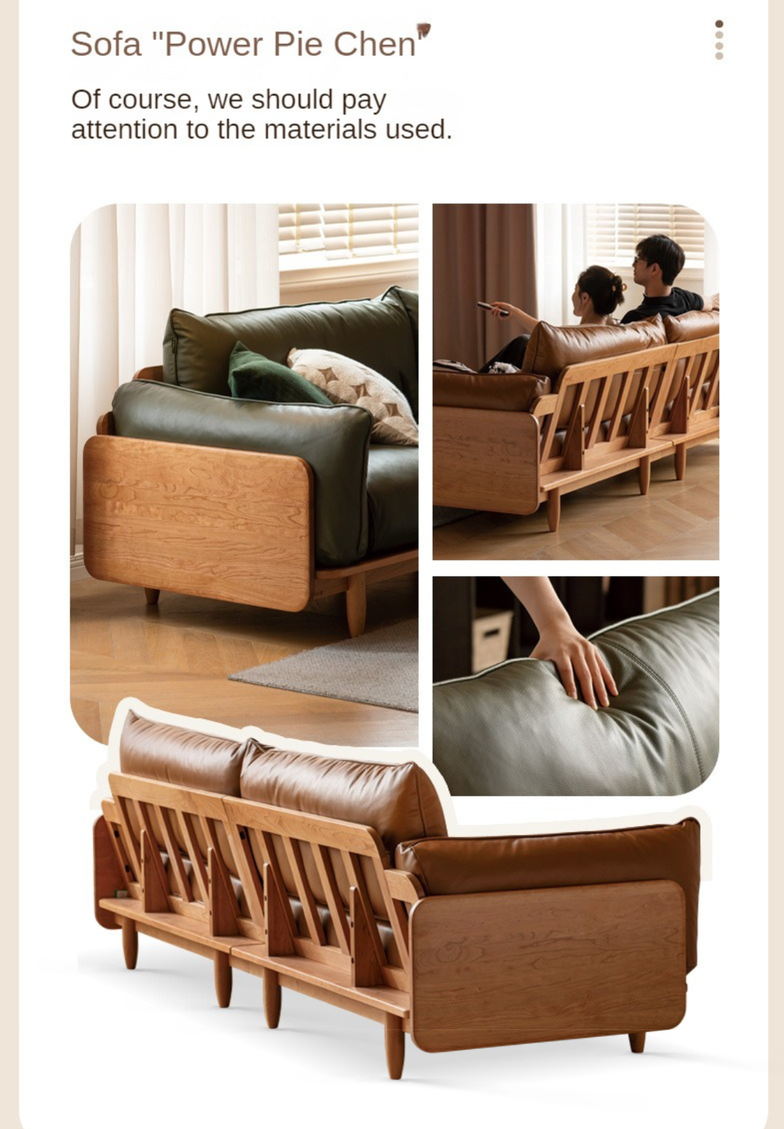 Cherry Wood Sofa Genuine Leather, Fabric-