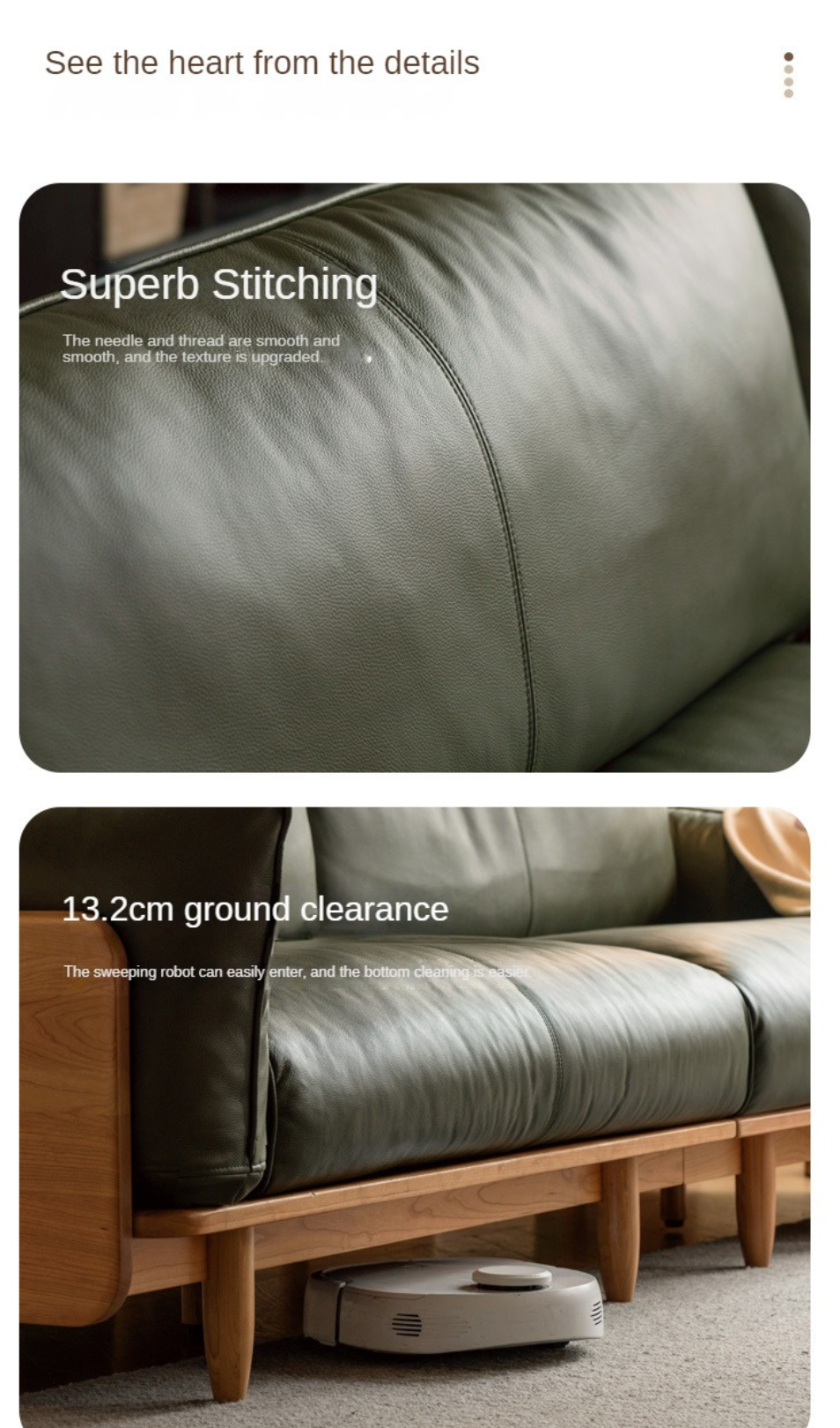 Cherry Wood Sofa Genuine Leather, Fabric-