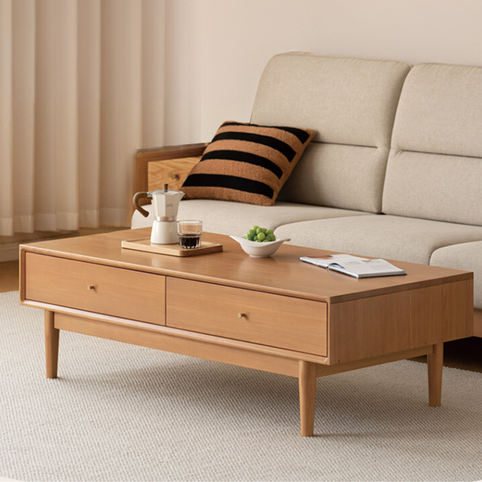 Poplar Solid Wood Modern Rectangular Coffee Table with Drawer.