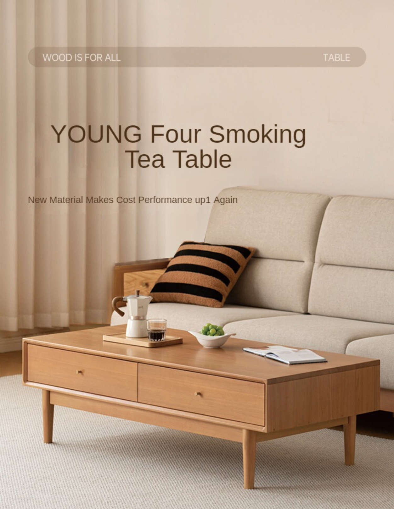 Poplar Solid Wood Modern Rectangular Coffee Table with Drawer.