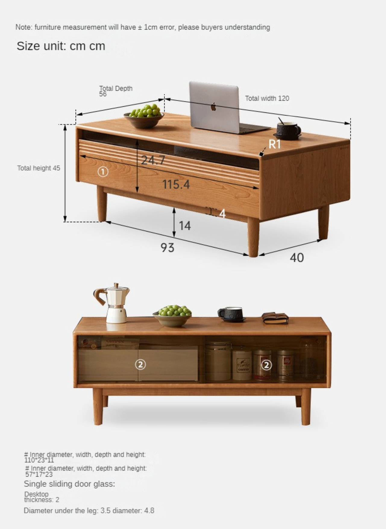 Cherry Wood Coffee Table with Drawer))
