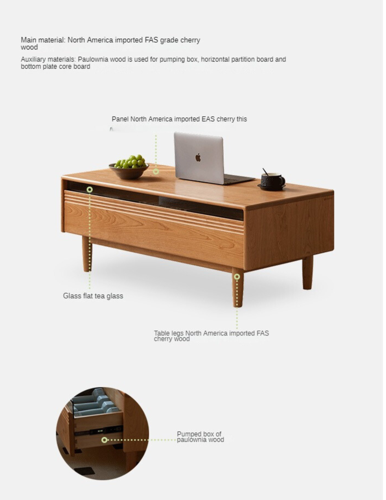 Cherry Wood Coffee Table with Drawer))