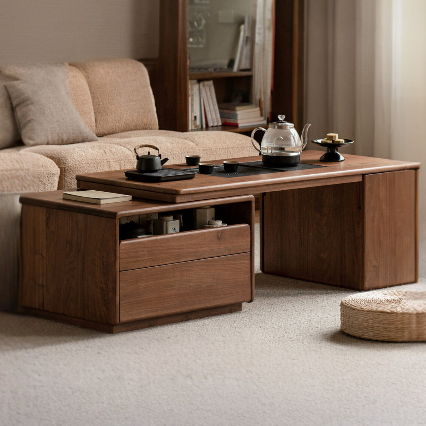 Black Walnut Solid Wood Telescopic Tea Table.