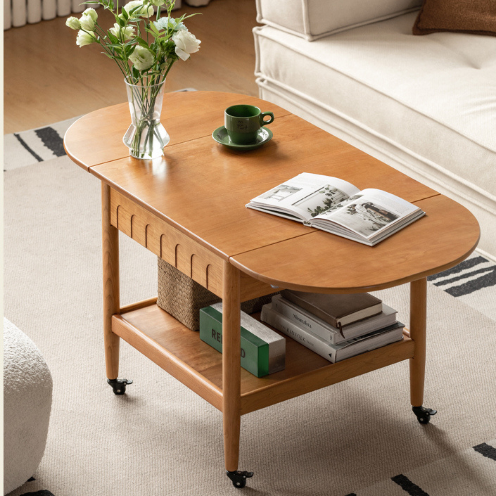 Cherry Solid Wood Mobile Folding Coffee Table.