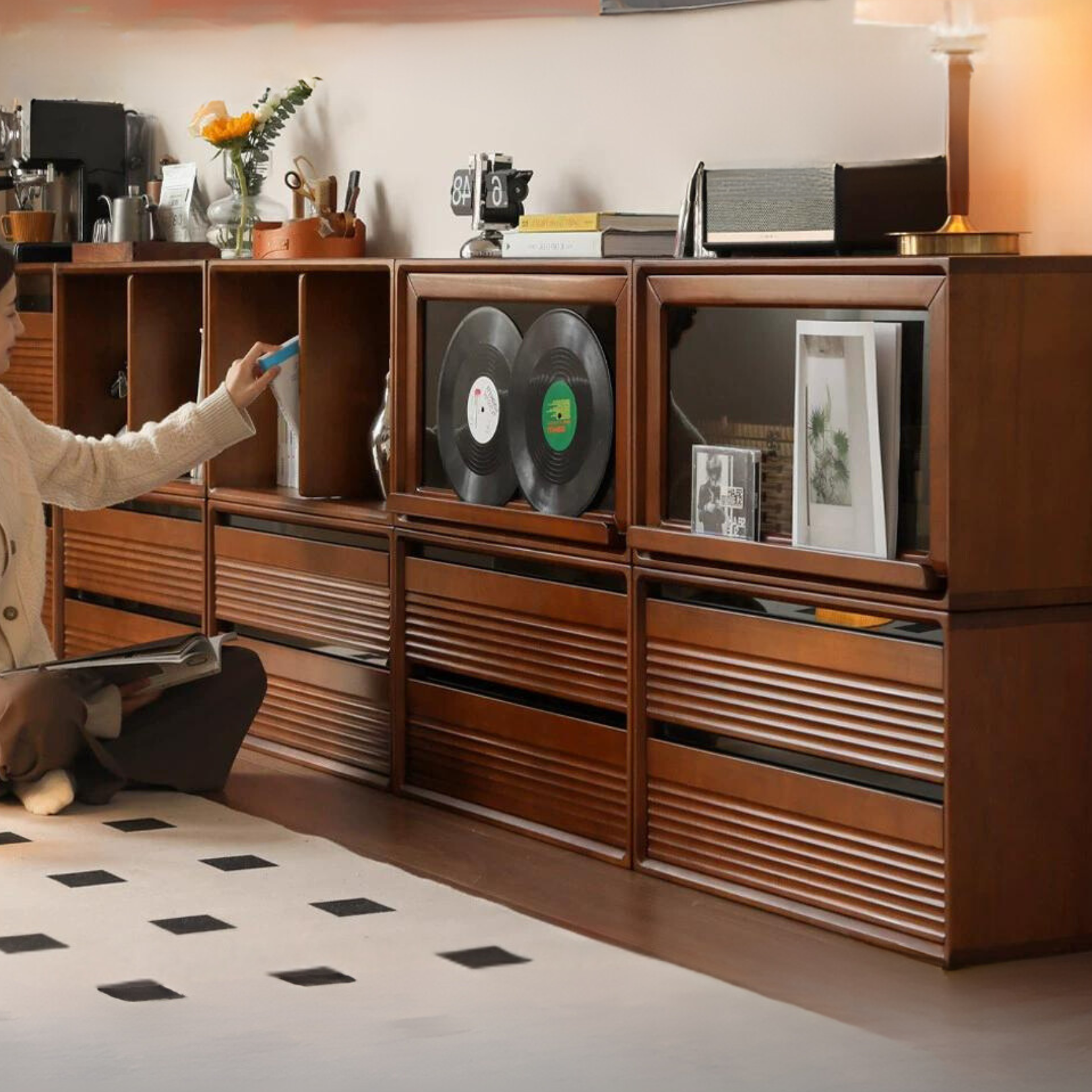 Black Walnut, Cherry, Poplar Solid Wood Medieval Floor TV Cabinet.