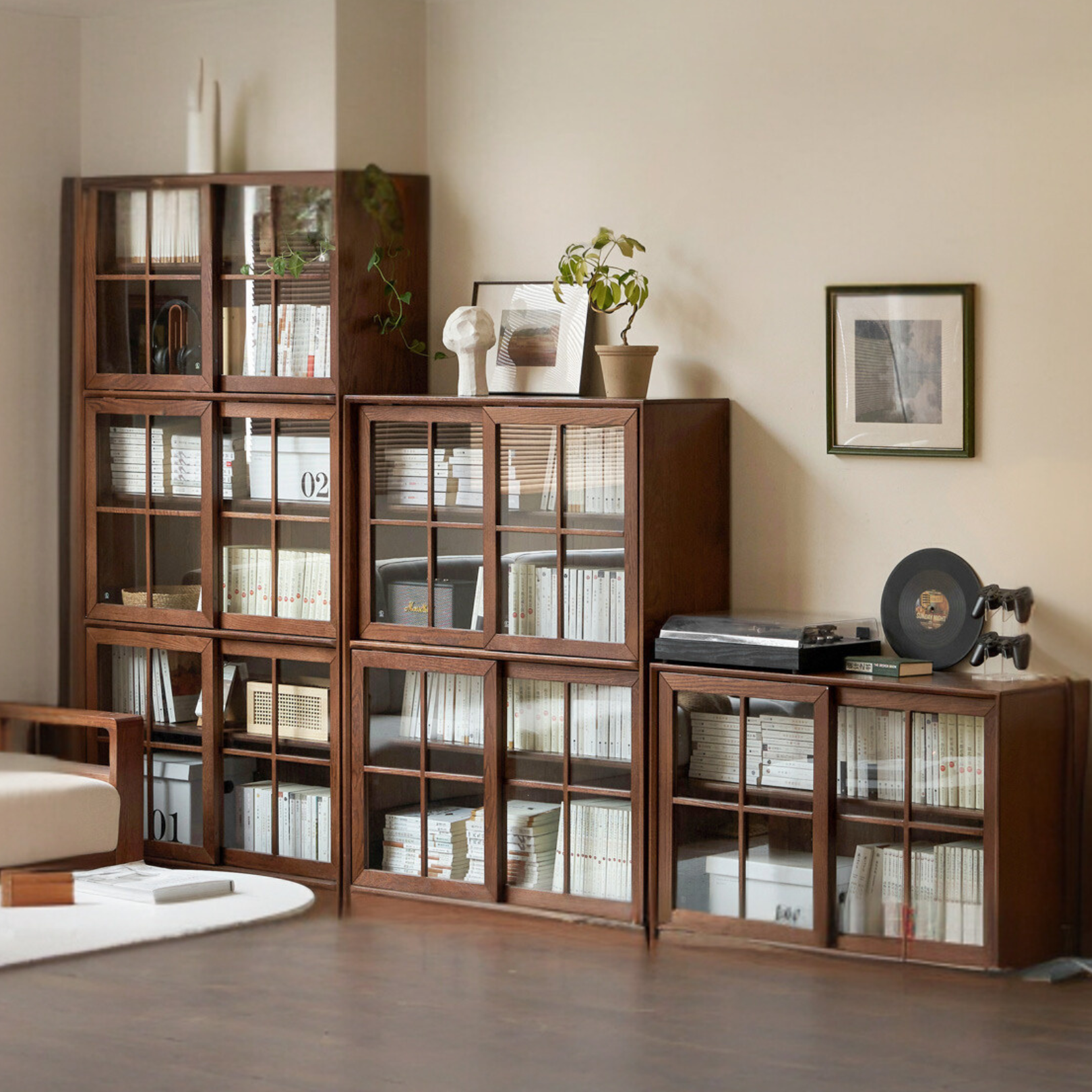 Black Walnut, Oak Solid Wood Sliding Door Bookcase