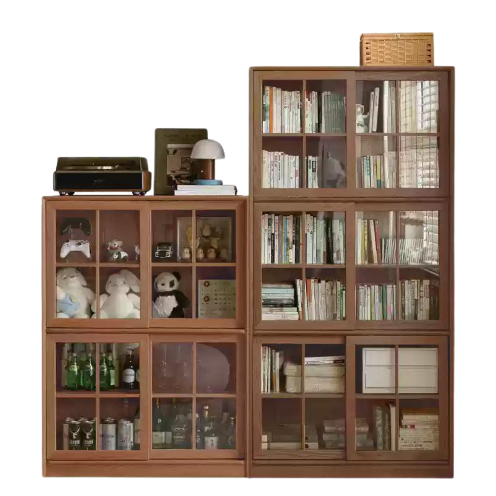 Black Walnut, Oak Solid Wood Sliding Door Bookcase