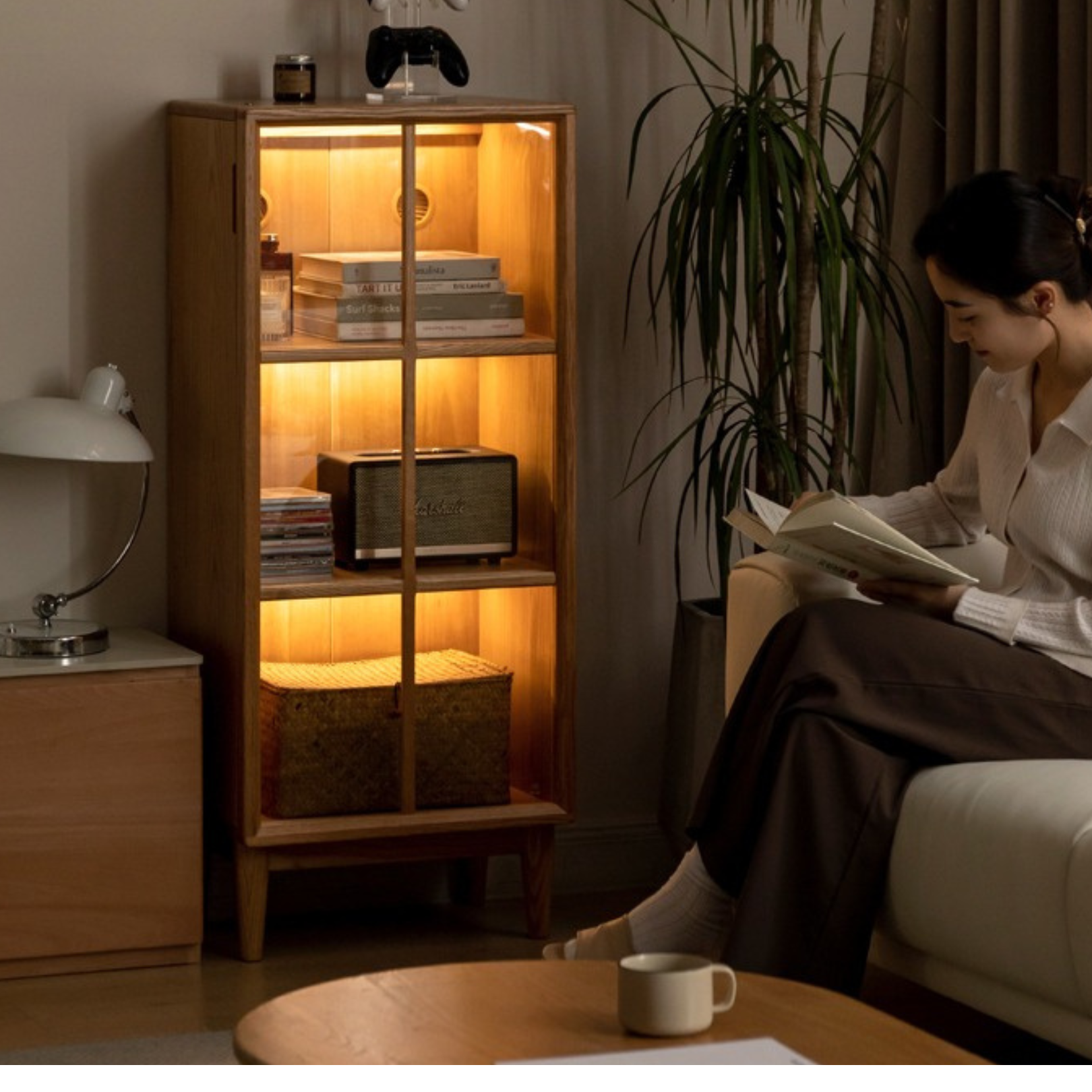 Oak, Rubberwood Solid Wood Glass Storage Bookcase
