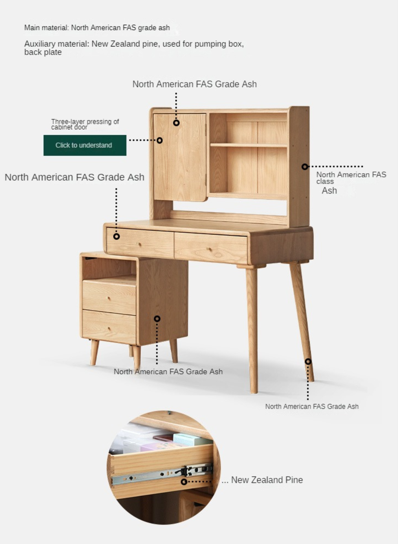 Ash Solid Wood Vanity Table with Mirror Shelf & Flip Cover.