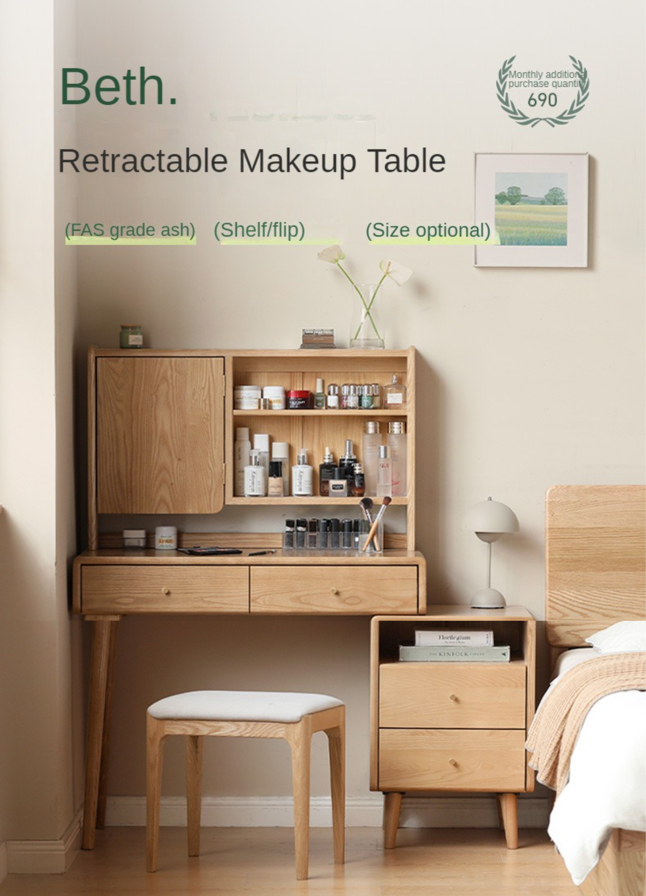 Ash Solid Wood Vanity Table with Mirror Shelf & Flip Cover.