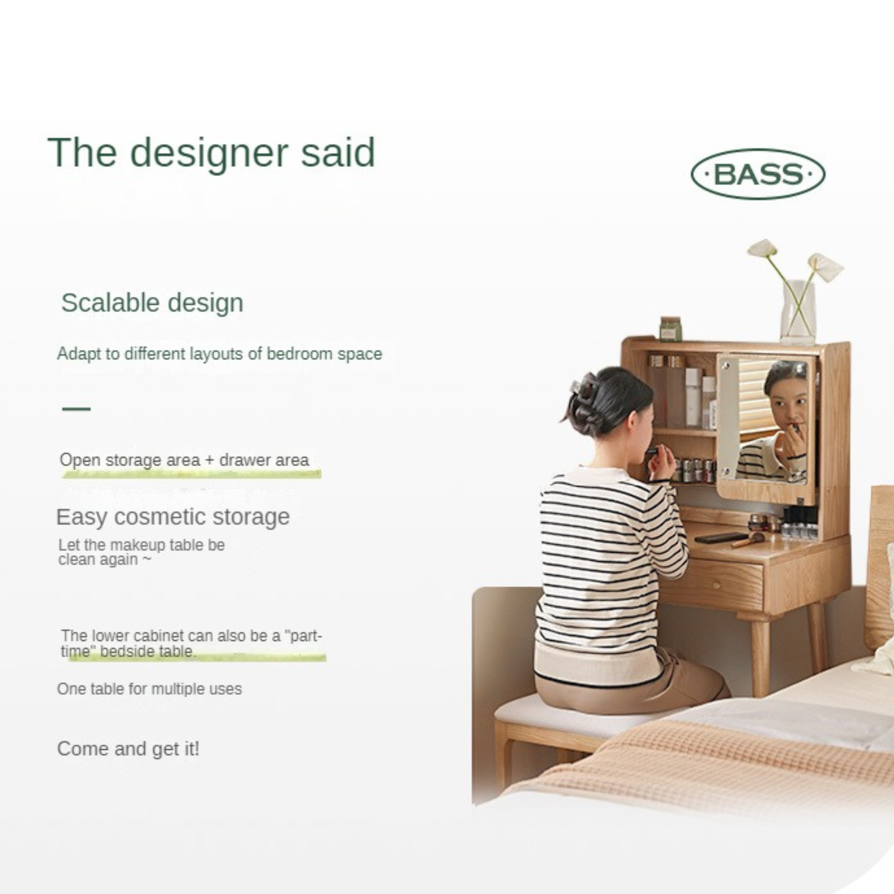 Ash Solid Wood Vanity Table with Mirror Shelf & Flip Cover.