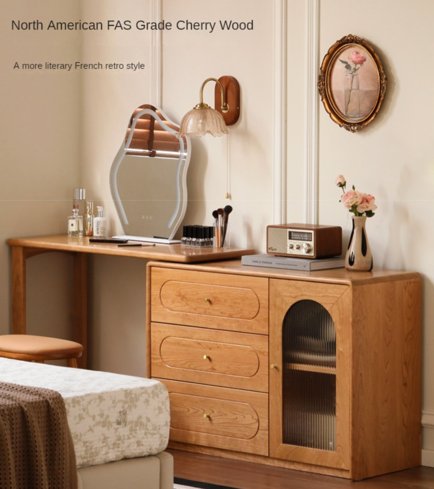 Poplar Solid Wood Retractable Dressing Table Retro Style.