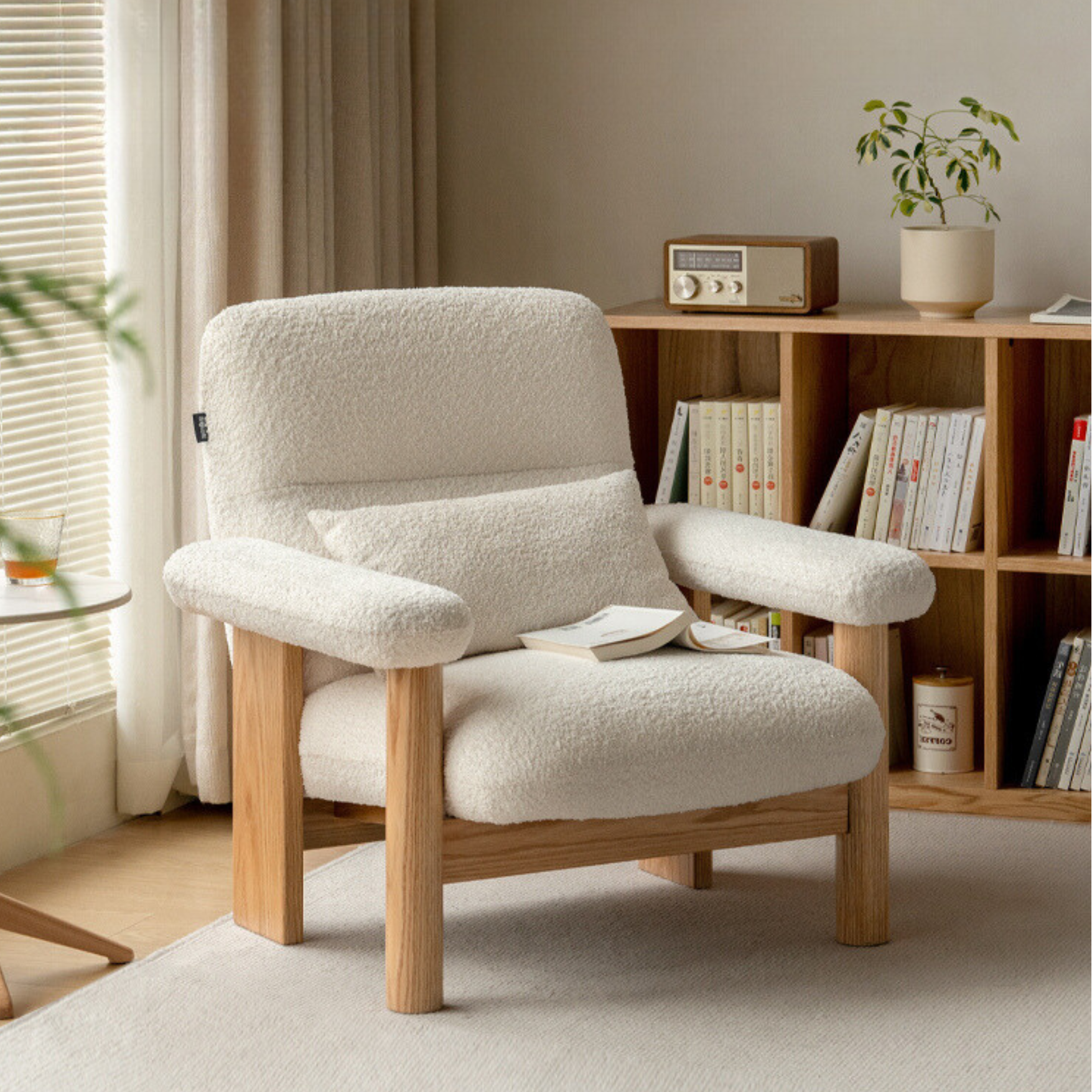 Beech Solid Wood Fabric Single Armchair Retro.