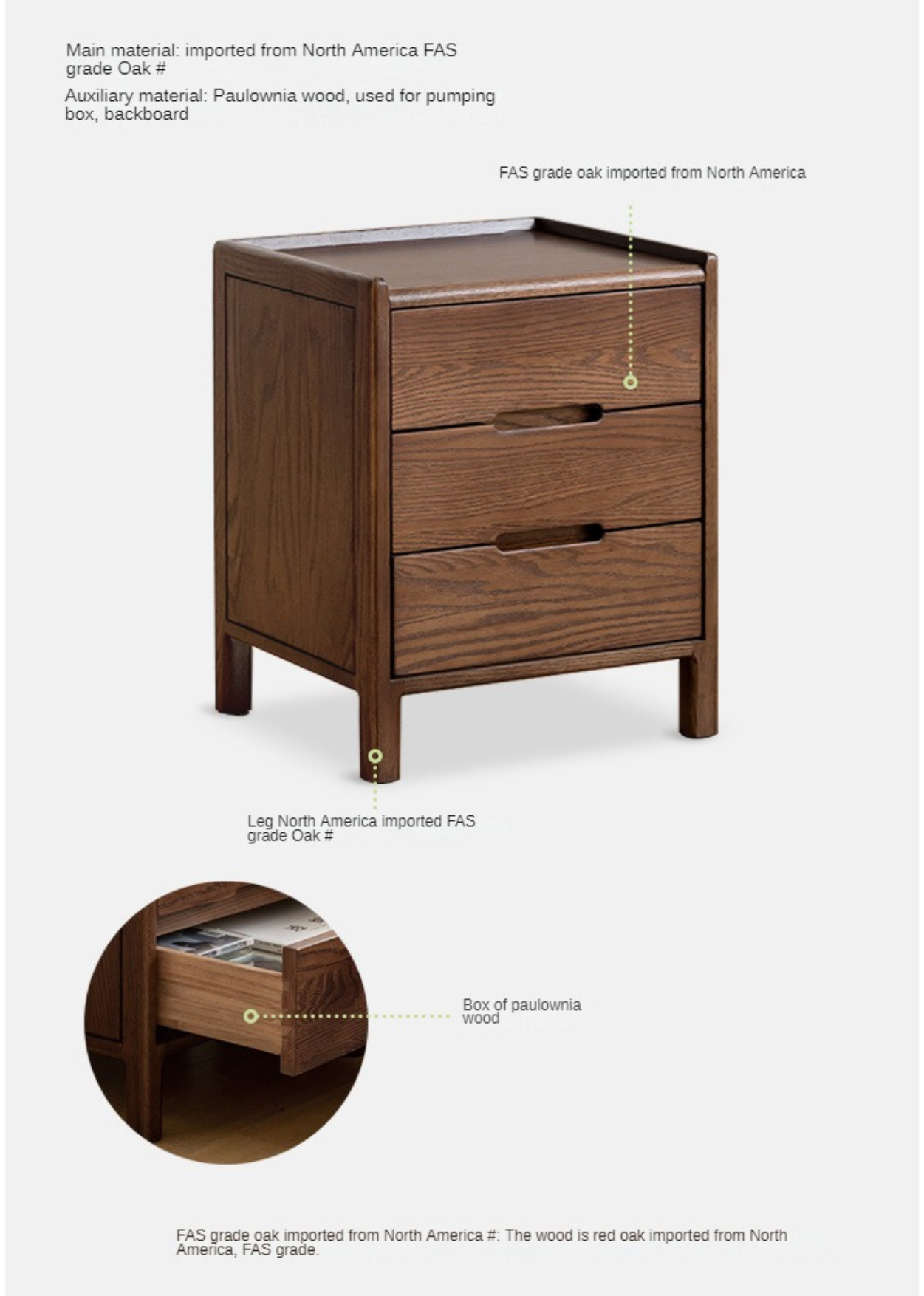 Oak Solid Wood, Solid Rubberwood Nordic Style Nightstand