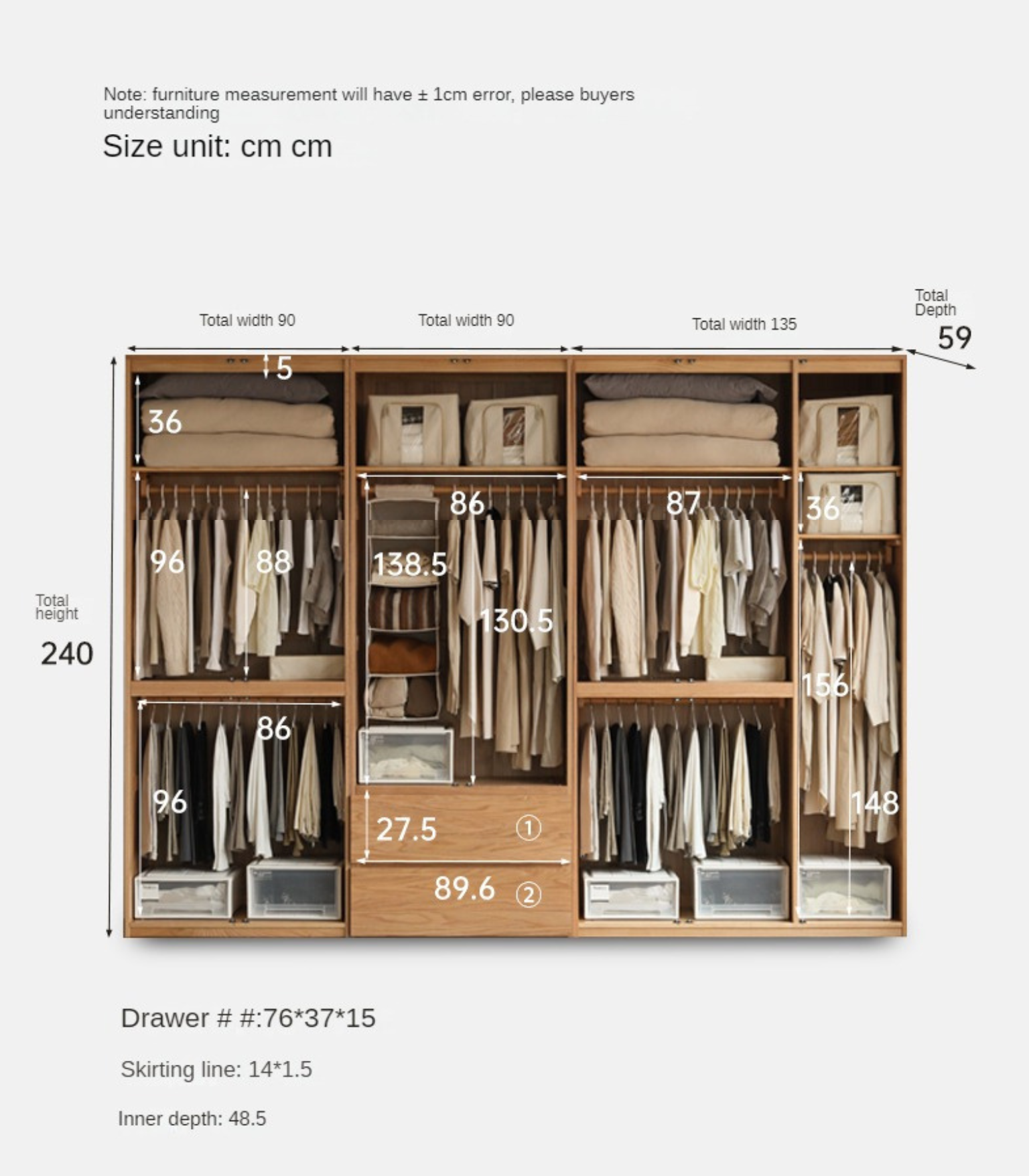 Oak, Ash Solid Wood Sectional Wardrobe.