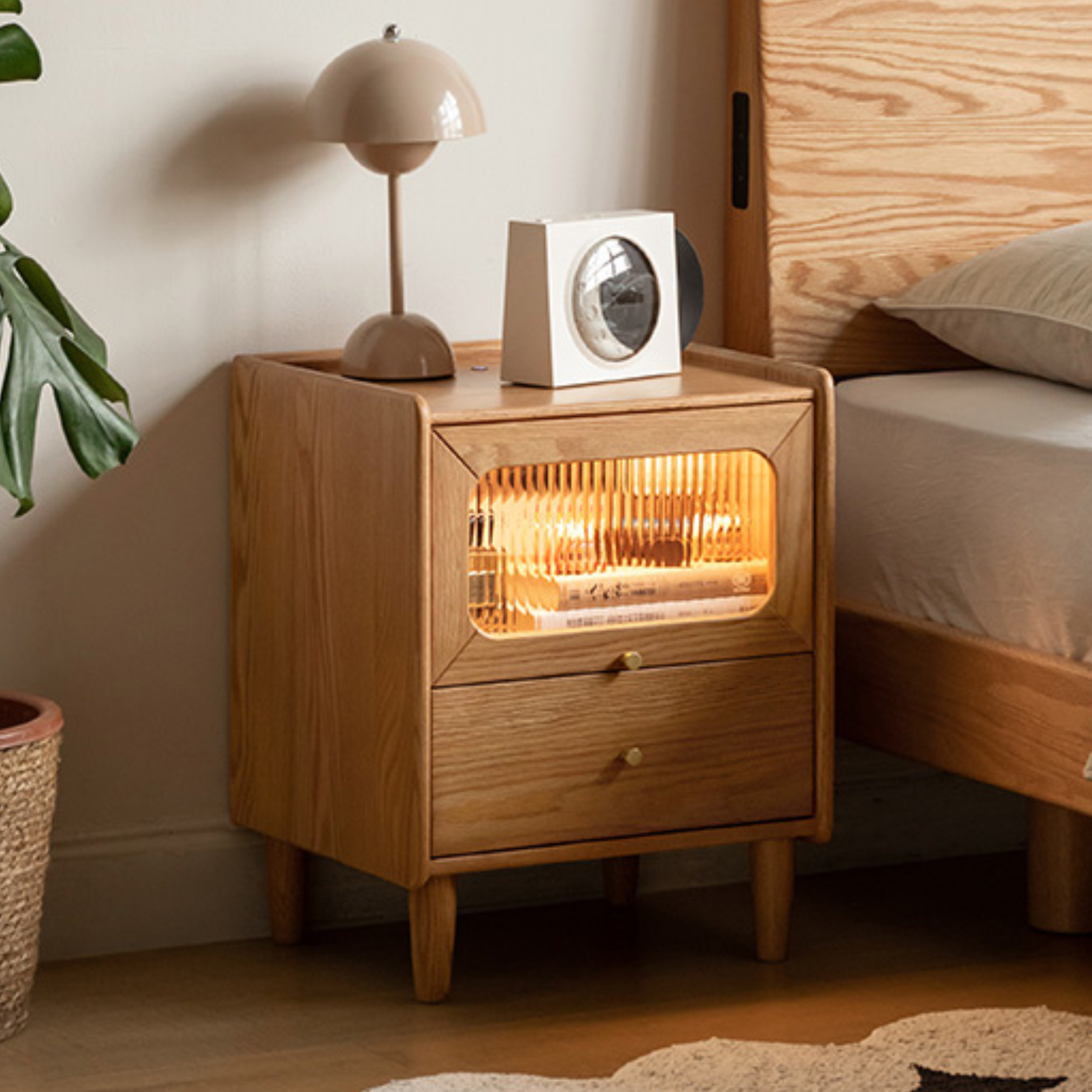 Oak, Beech Solid Wood Nightstand With Light