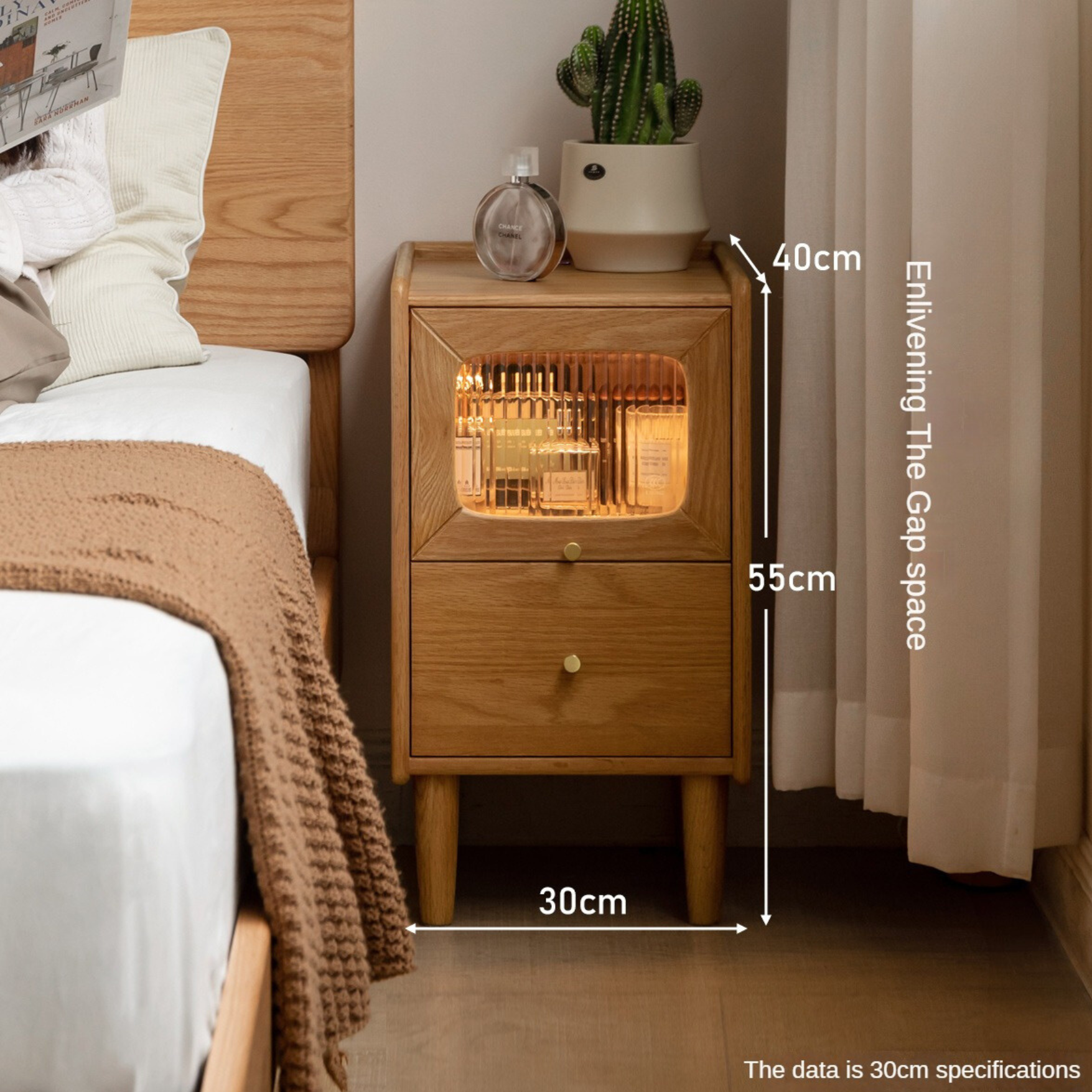 Oak, Beech Solid Wood Nightstand With Light