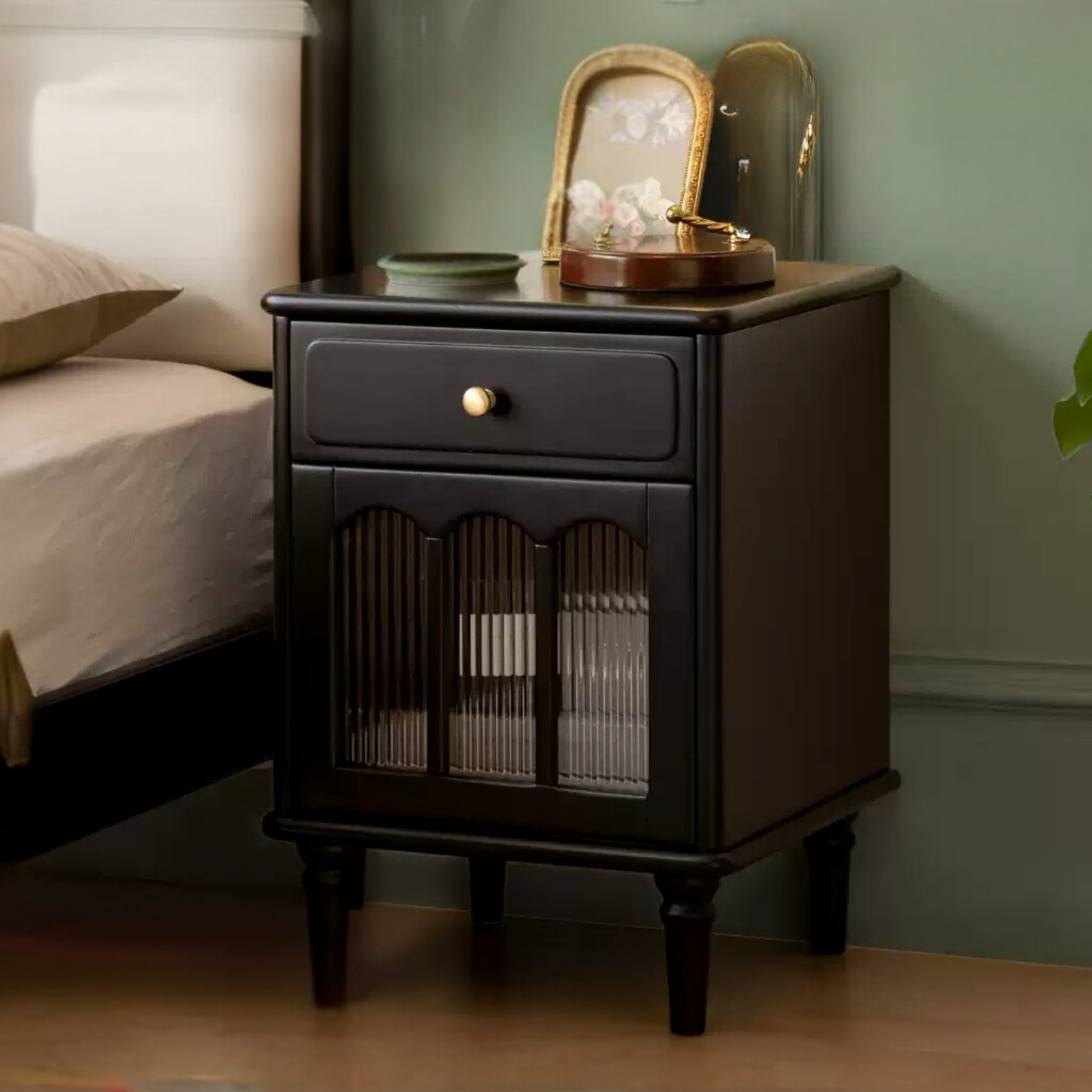 Solid RubberWood French Retro Style Black Nightstand