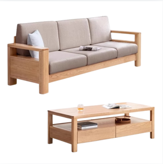 Solid Rubberwood, Oak Solid Wood Cotton Fabric Sofa