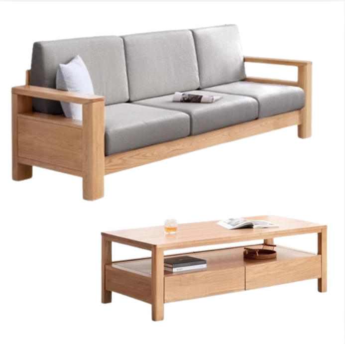 Solid Rubberwood, Oak Solid Wood Cotton Fabric Sofa