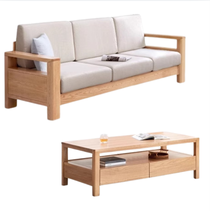 Solid Rubberwood, Oak Solid Wood Cotton Fabric Sofa
