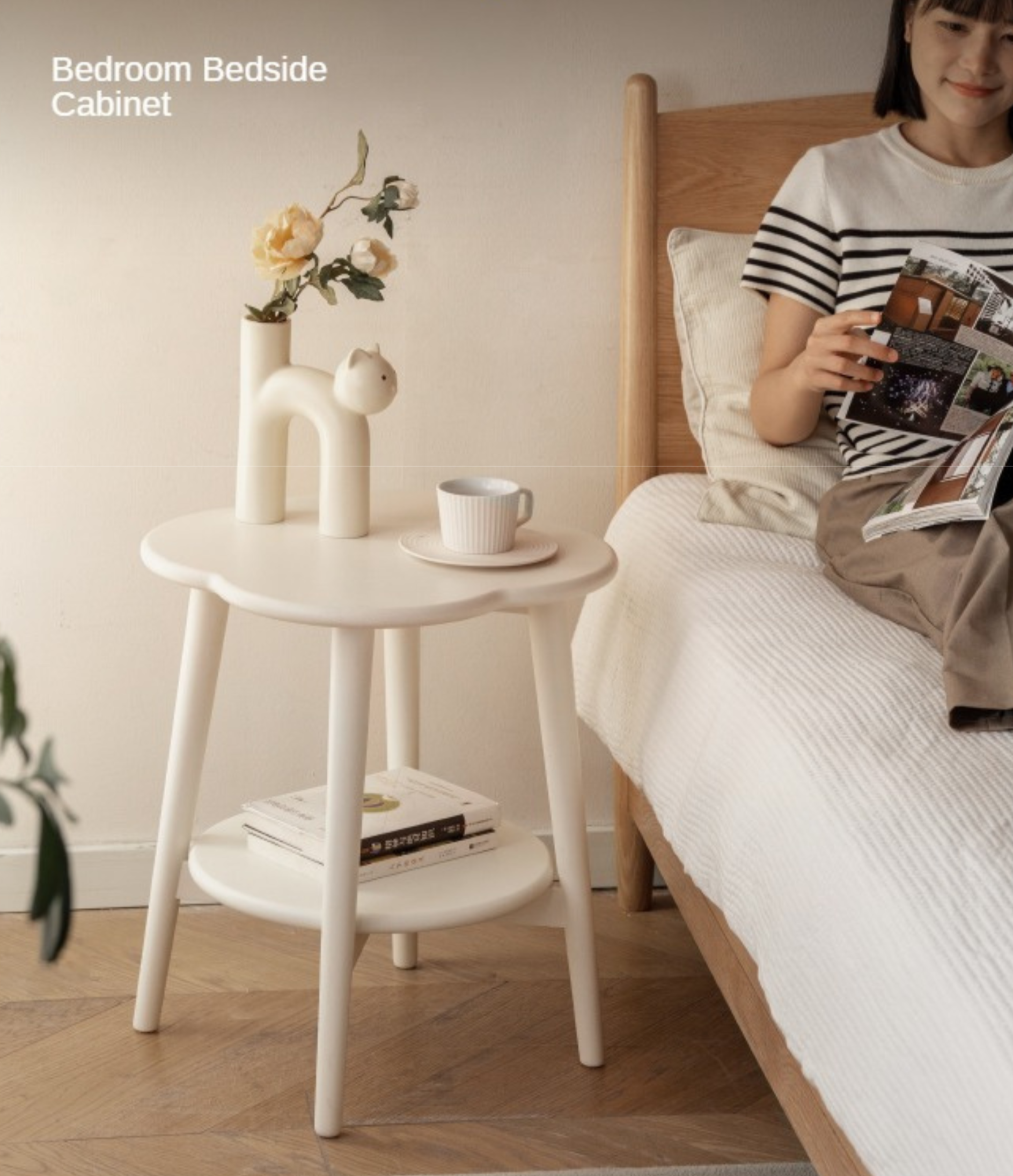 Poplar Solid Wood White Flower Side Table.