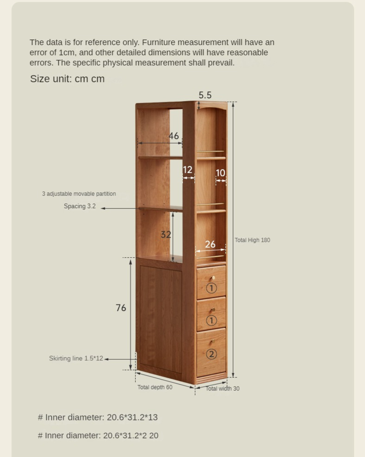 Cherry Solid Wood Retro Bookcase With Drawer