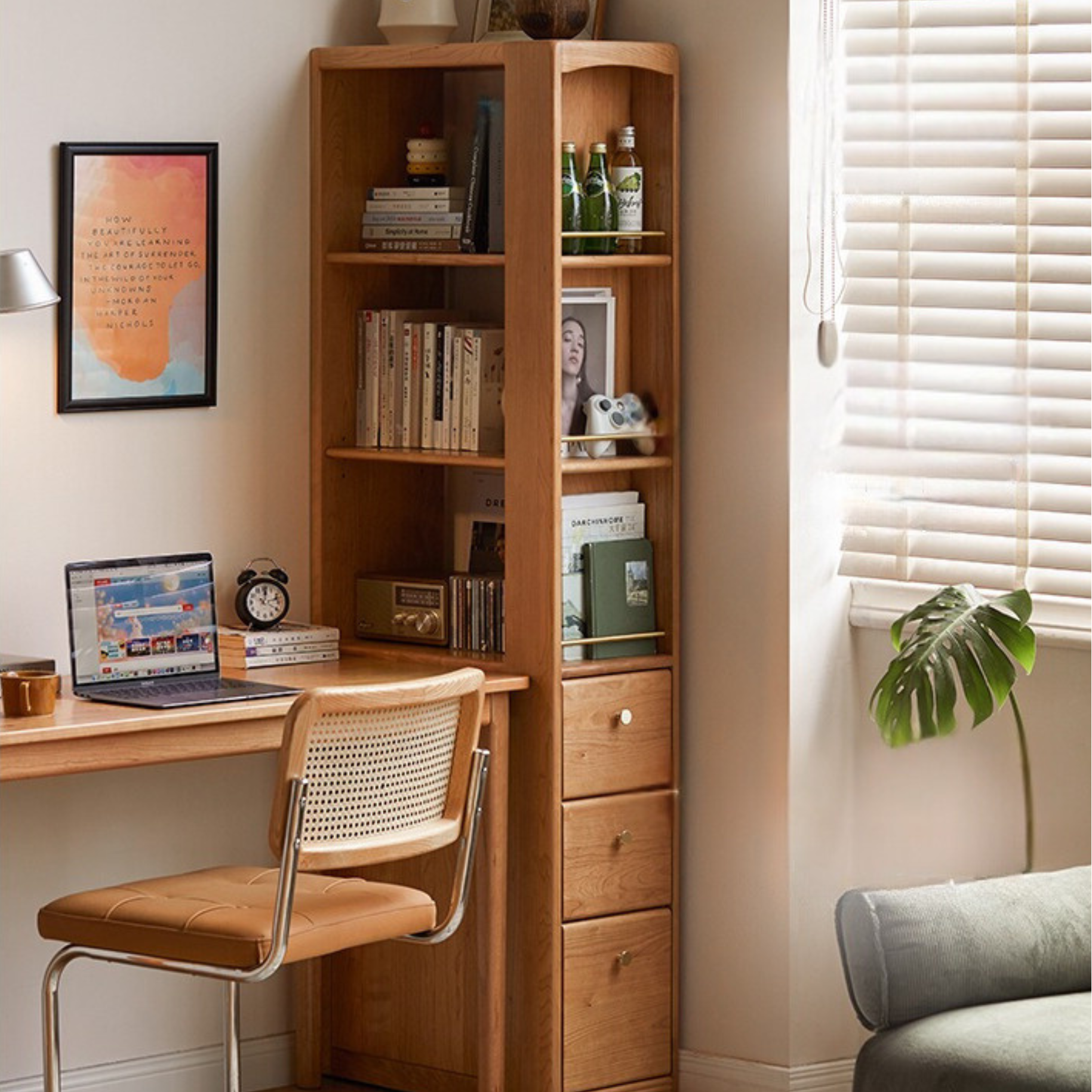 Cherry Solid Wood Retro Bookcase With Drawer