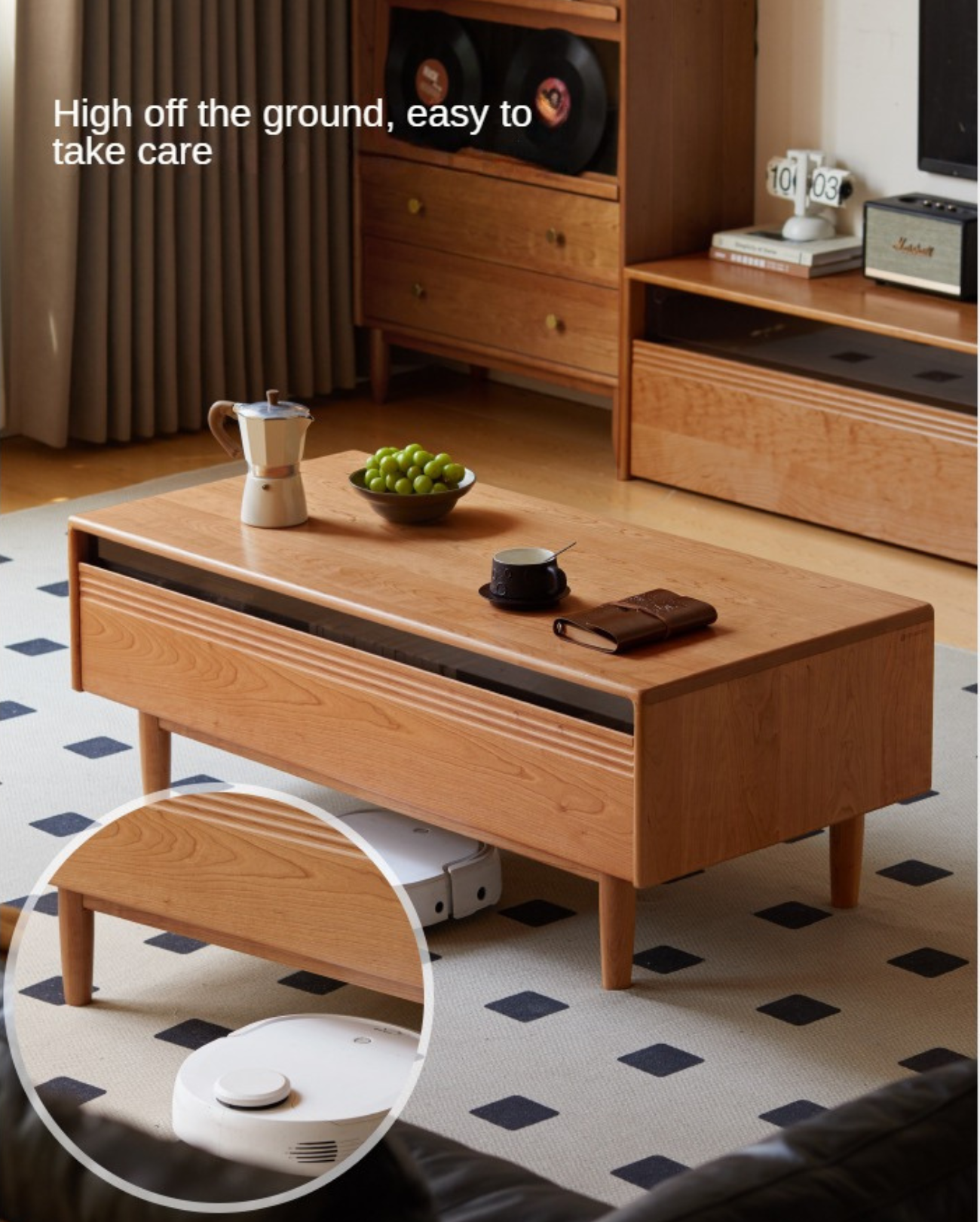 Cherry Wood Coffee Table with Drawer))