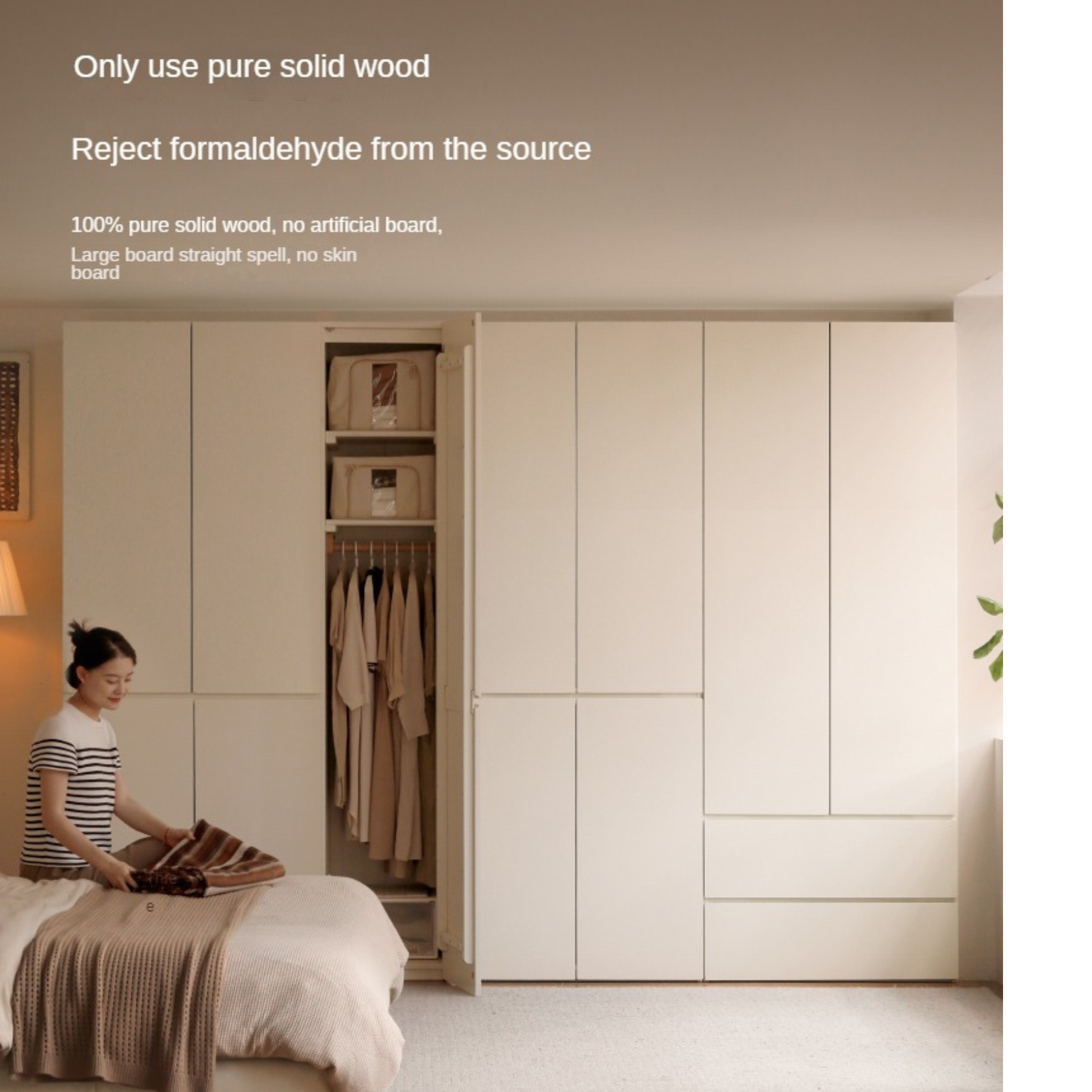 Pine, Oak Solid Wood Sectional Large Wardrobe Cream Style.