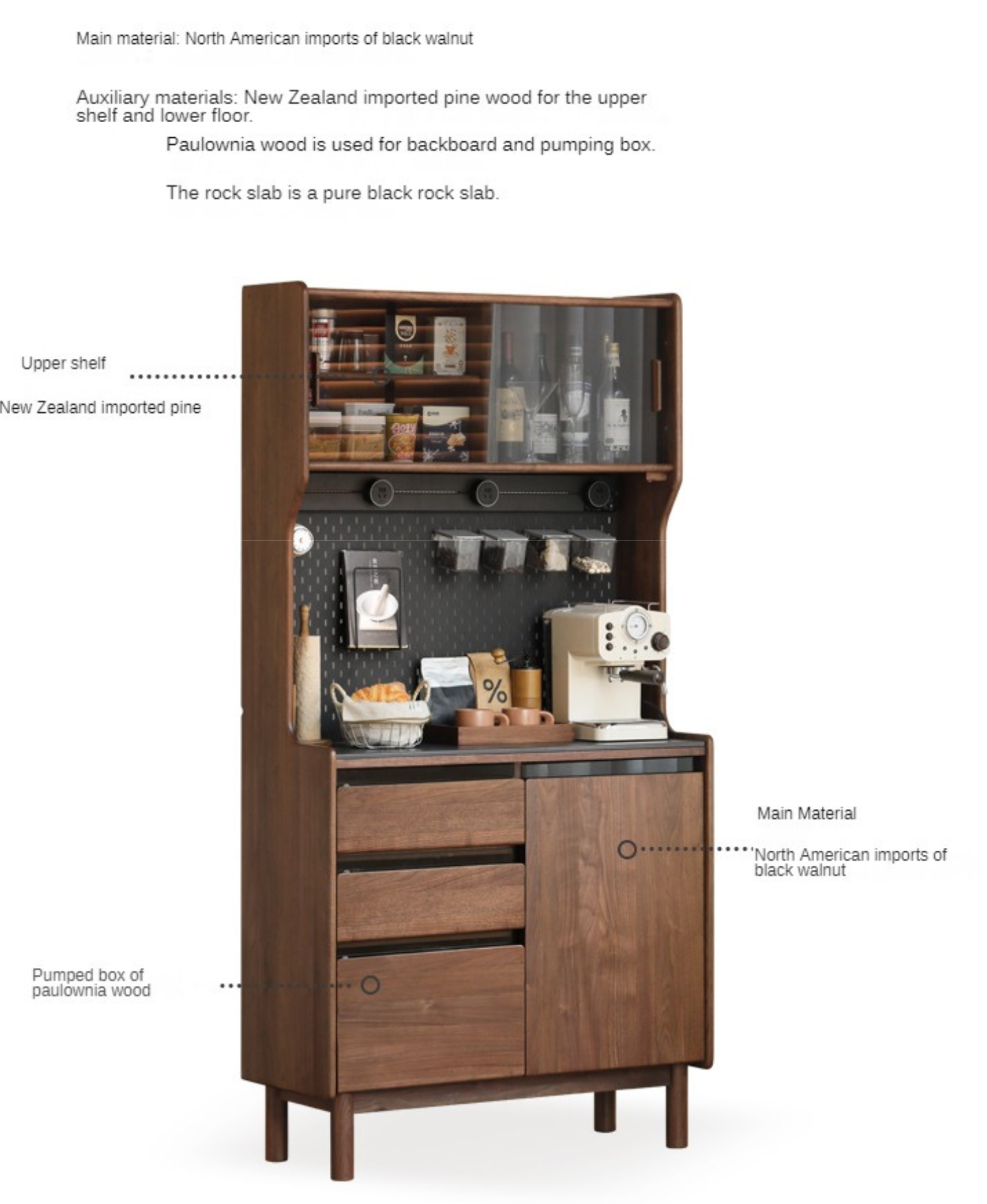 Golden Sandalwood, Black Walnut Solid Wood Rock Board Dining Sideboard