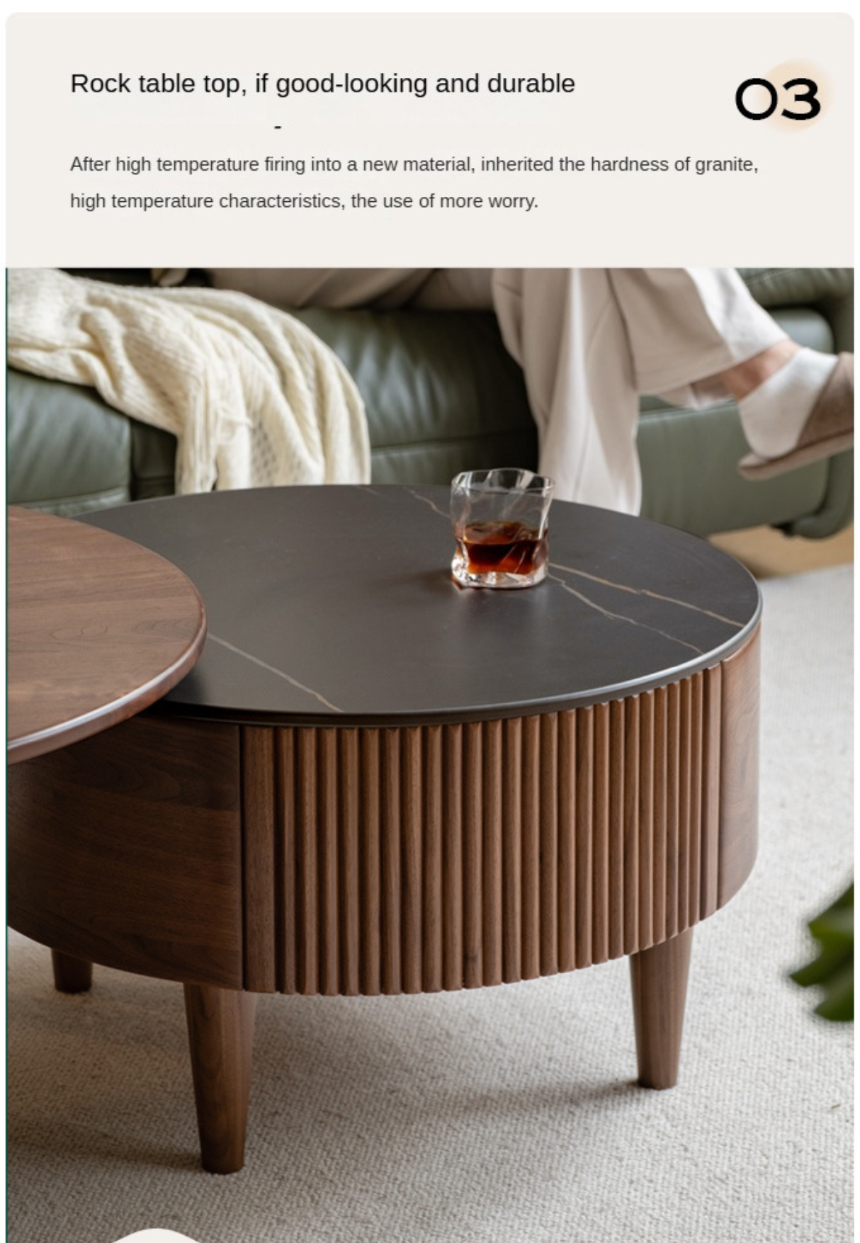 Black Walnut, Ash Solid Wood Combination Rock Plate Coffee Table