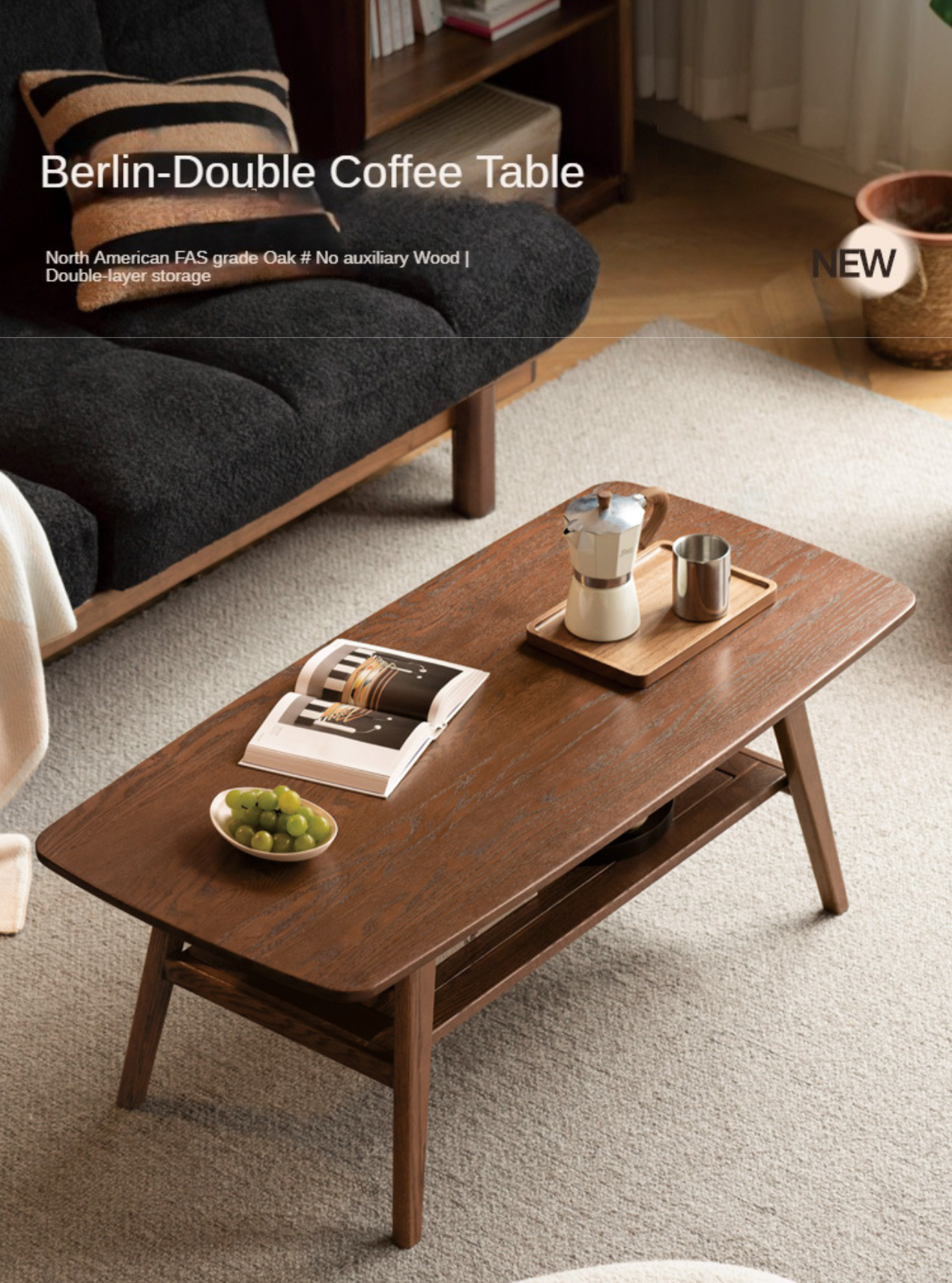 Solid Rubberwood, Beech, Oak Solid Wood Walnut Color Double-Layer Coffee Table