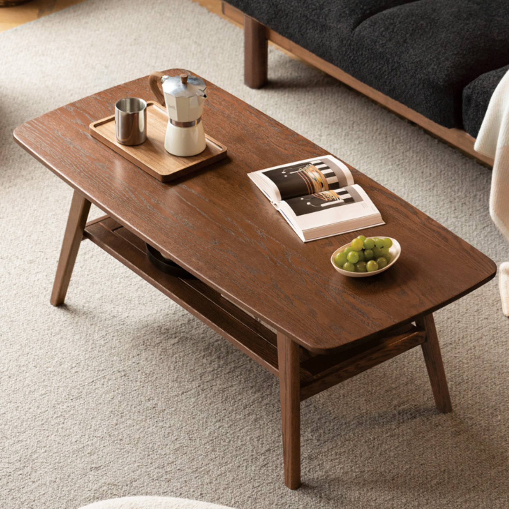 Solid Rubberwood, Beech, Oak Solid Wood Walnut Color Double-Layer Coffee Table
