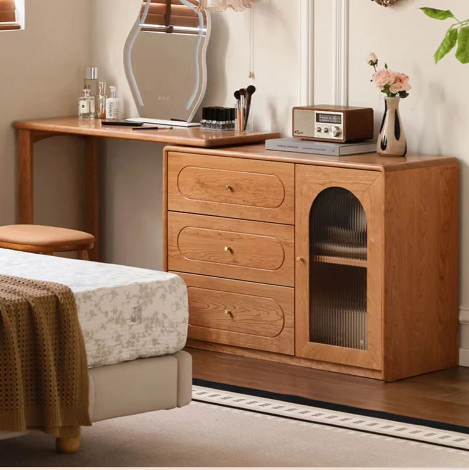 Cherry Solid Wood Retractable French Retro Dressing Table.