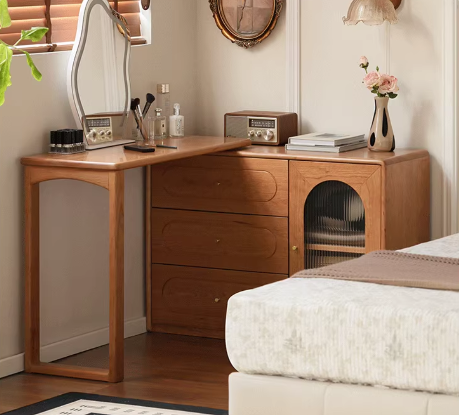 Cherry Solid Wood Retractable French Retro Dressing Table.
