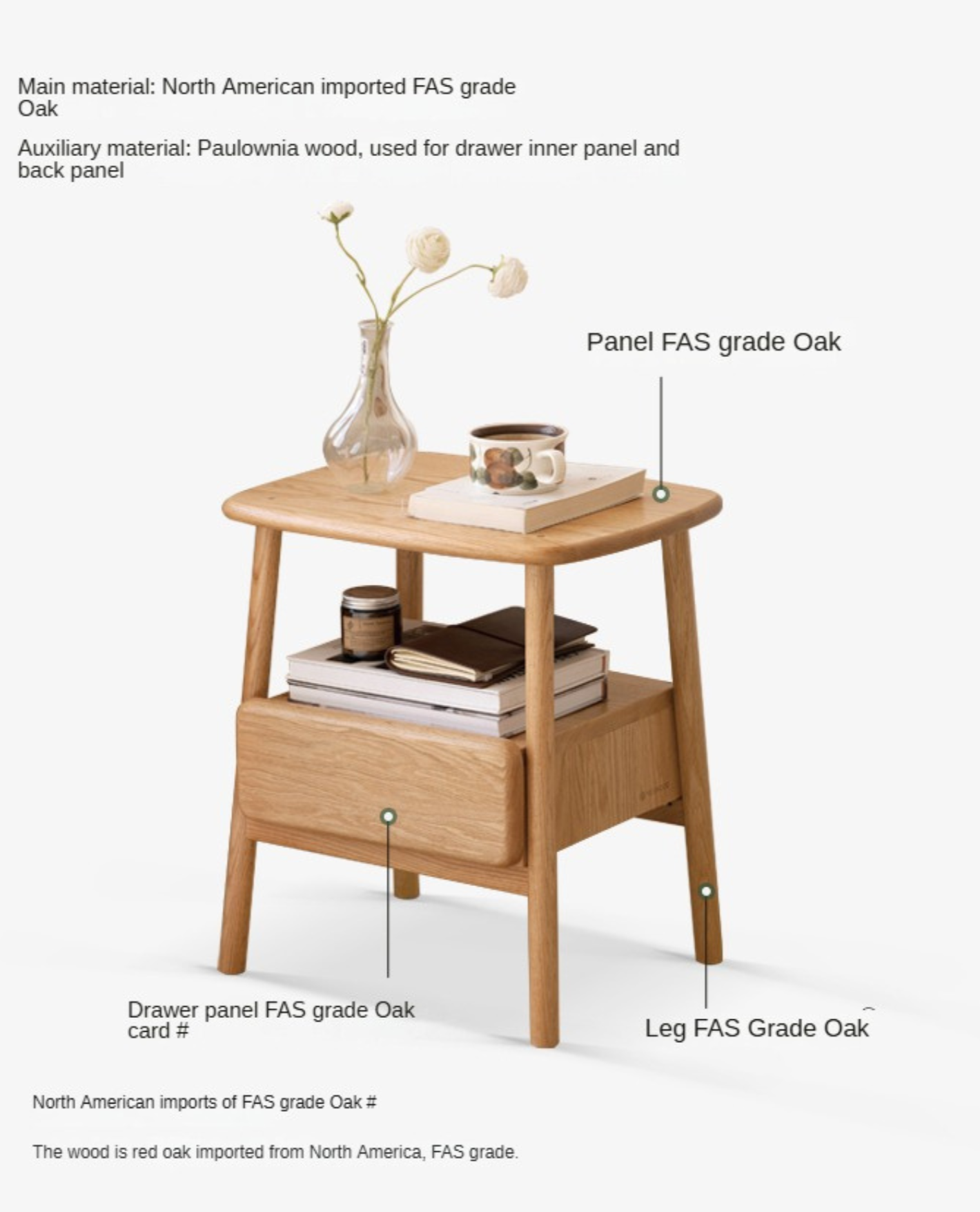Oak, Beech Solid Wood Nightstand.